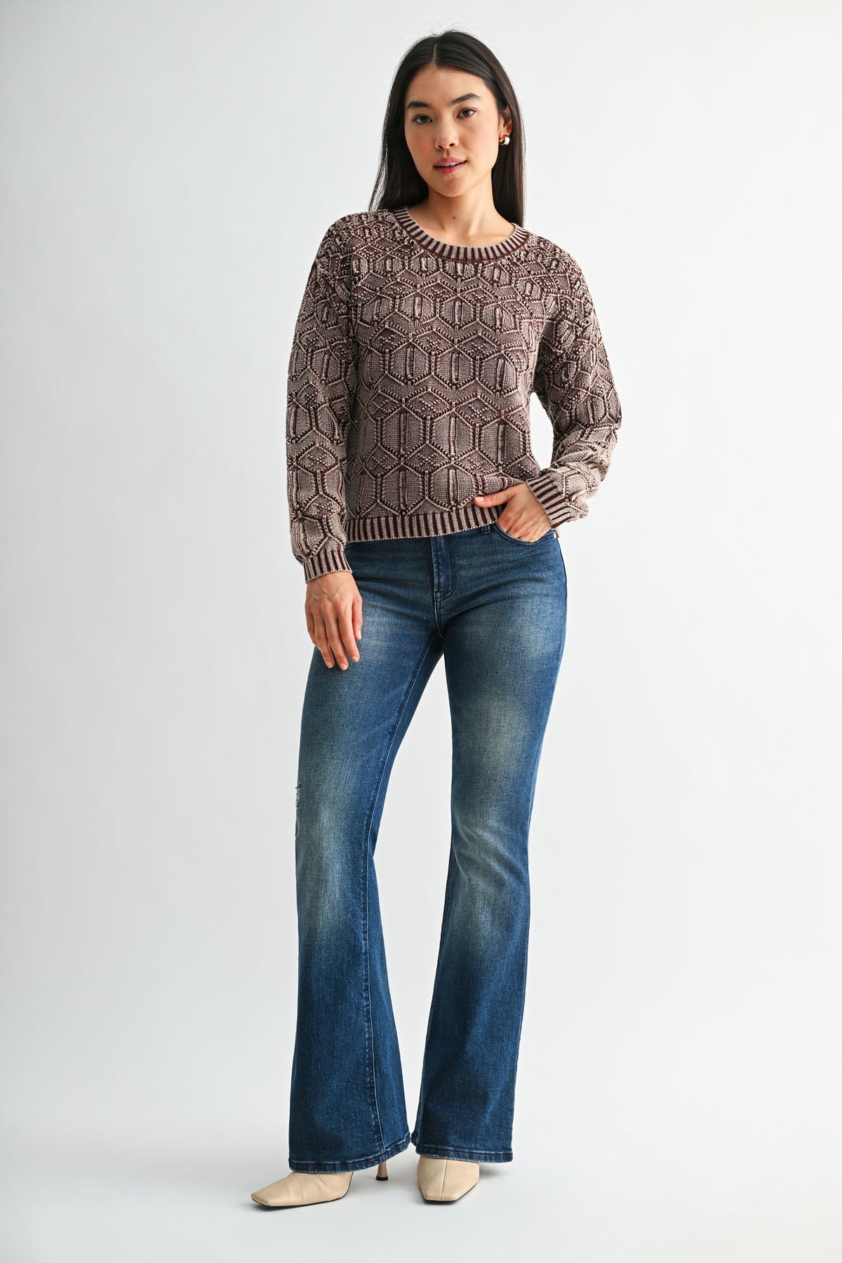 Chocolate Crew Neck Distressed Sweater