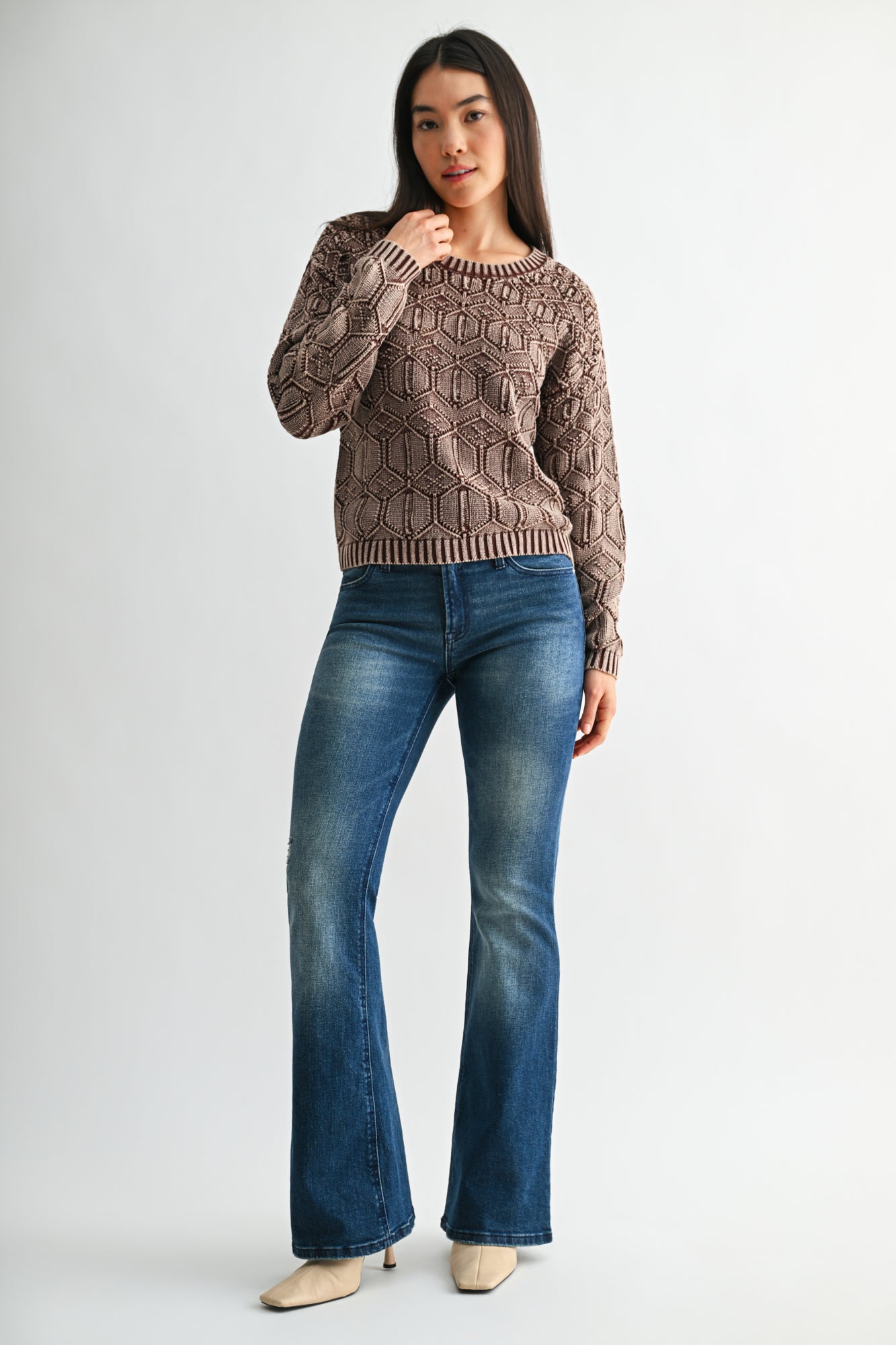 Chocolate Crew Neck Distressed Sweater