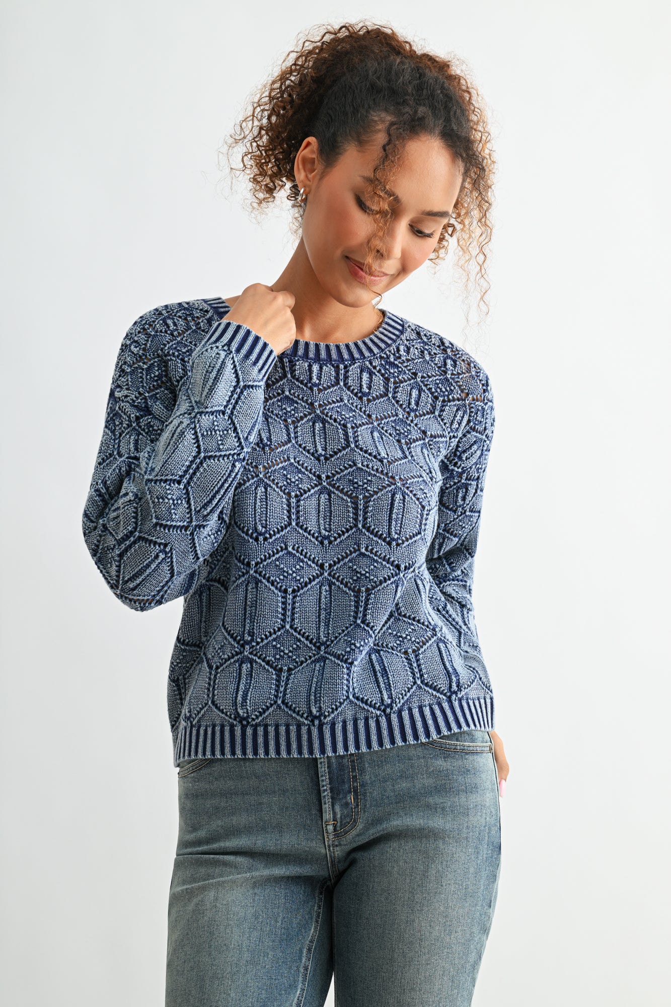 Indigo Crew Neck Distressed Sweater