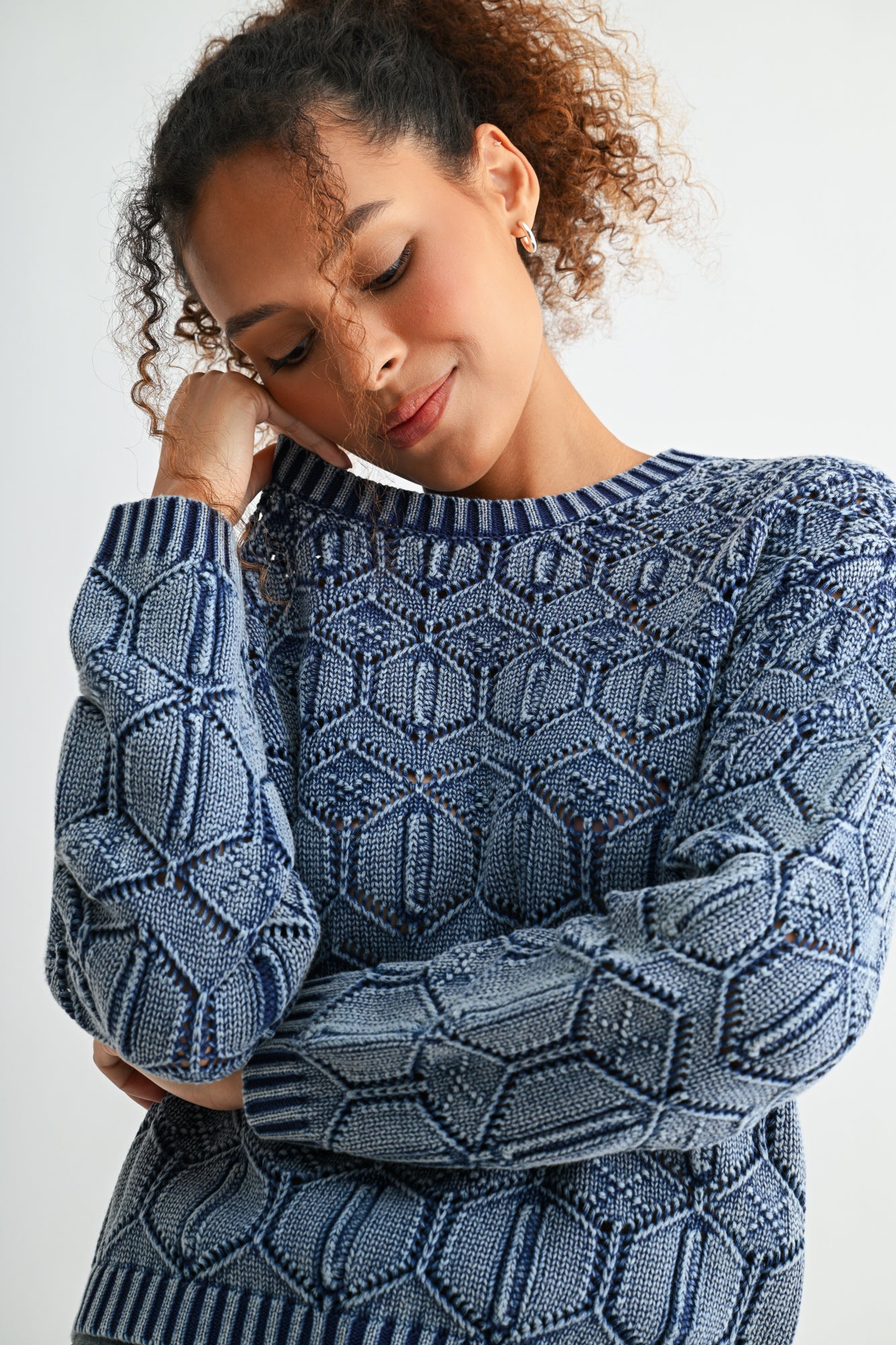Indigo Crew Neck Distressed Sweater