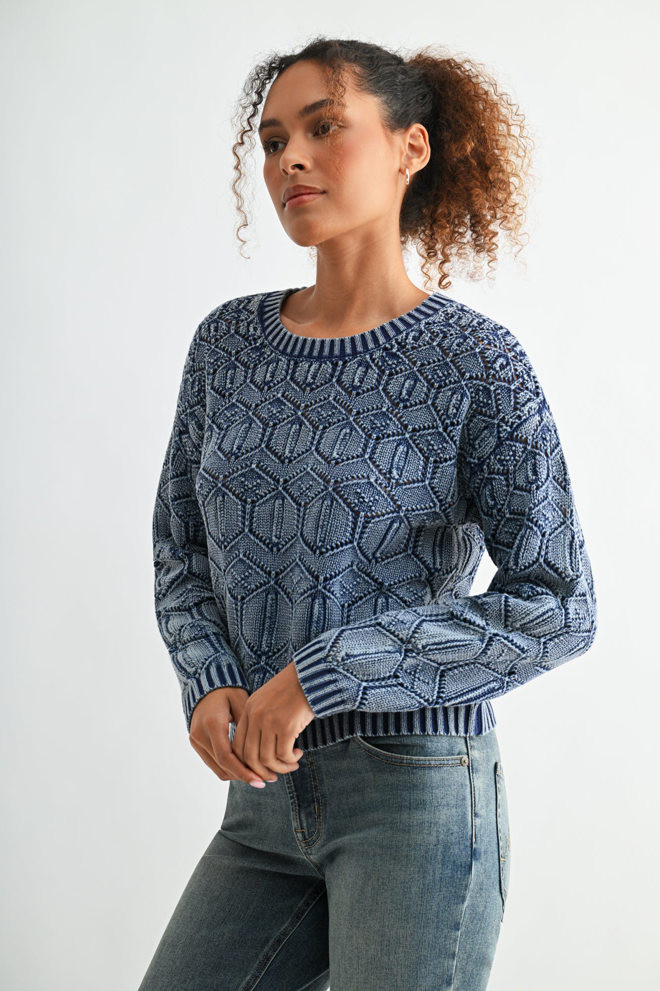 Indigo Crew Neck Distressed Sweater