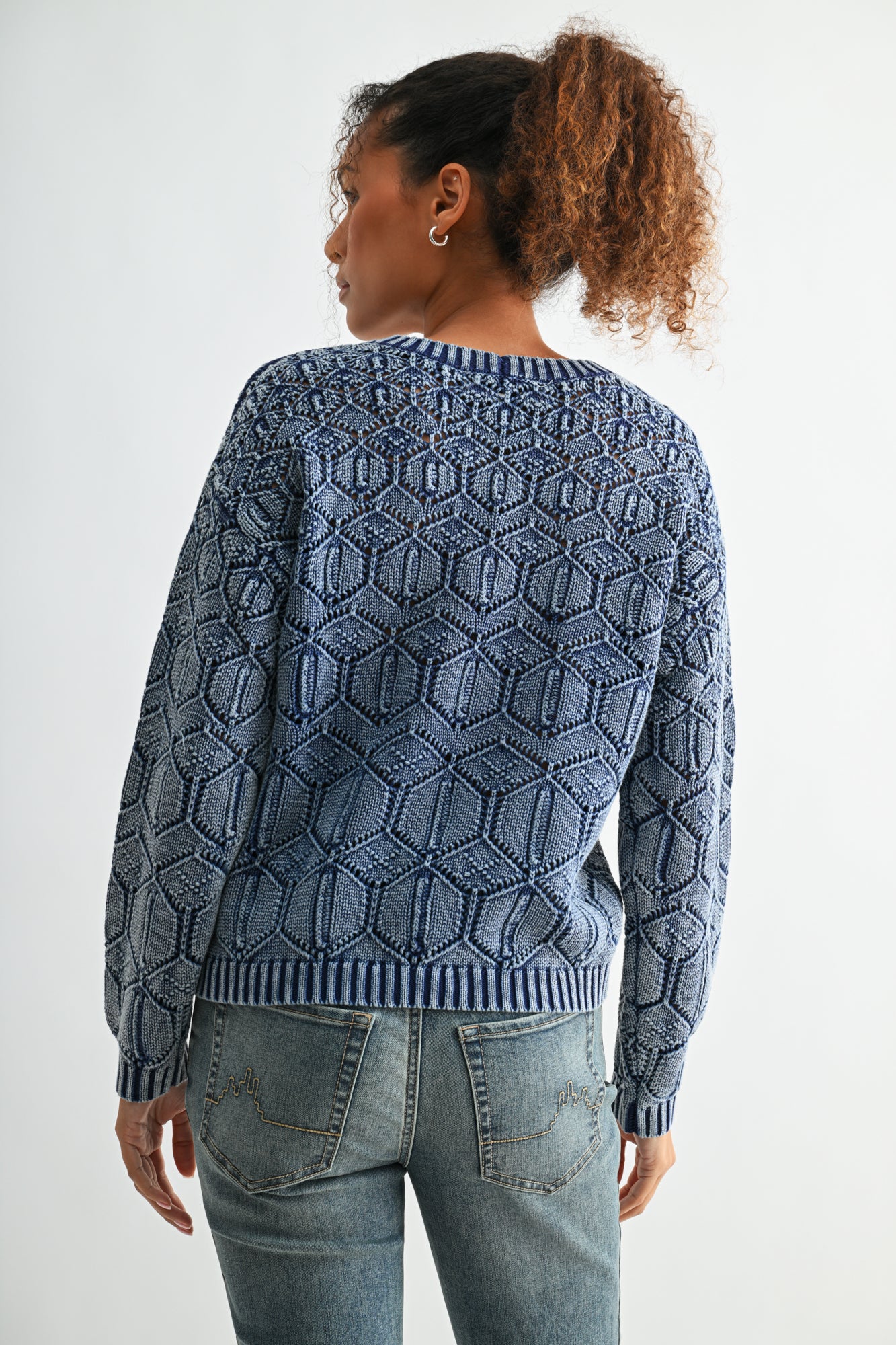 Indigo Crew Neck Distressed Sweater