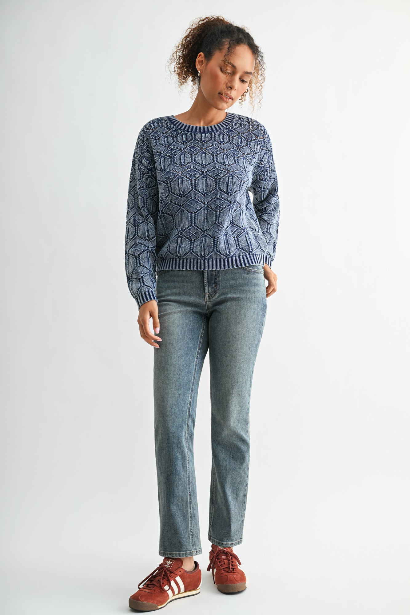 Indigo Crew Neck Distressed Sweater