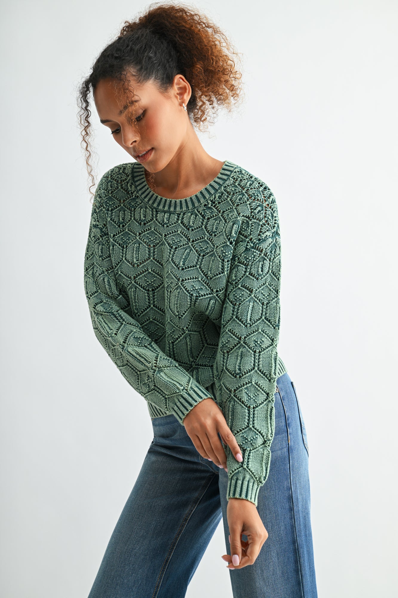 Olive Crew Neck Distressed Sweater