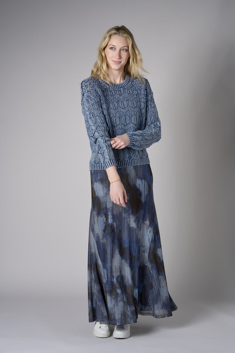 Showcase your personality with the Crew Neck Distressed Sweater in striking 'Indigo'.