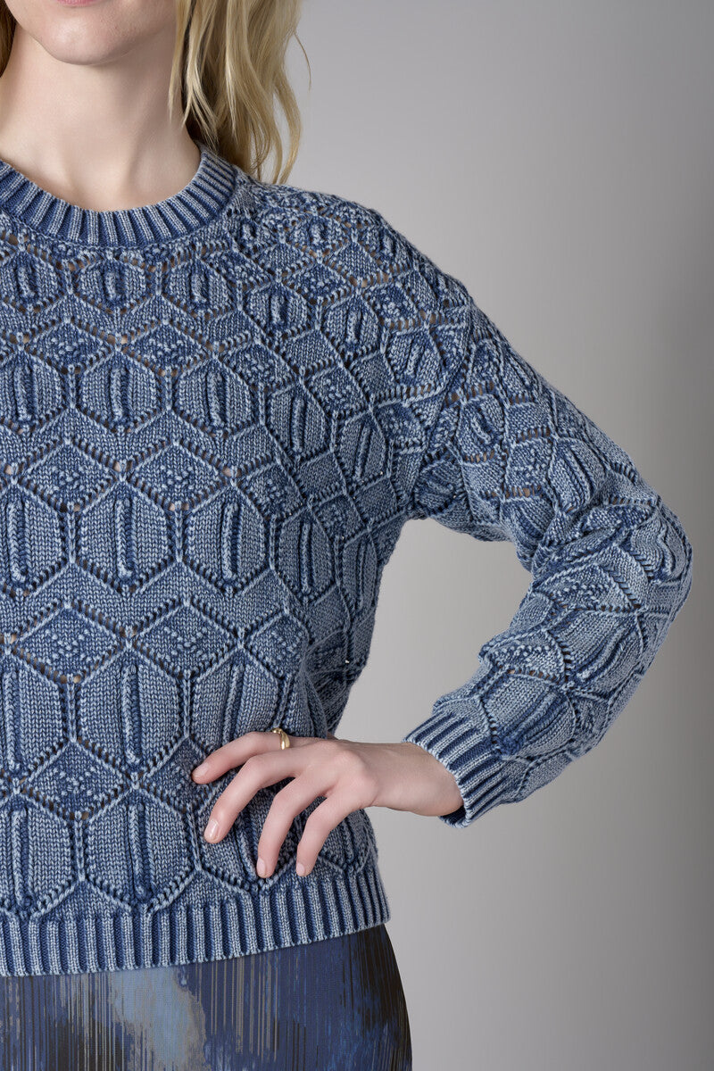 Showcase your personality with the Crew Neck Distressed Sweater in striking 'Indigo'.