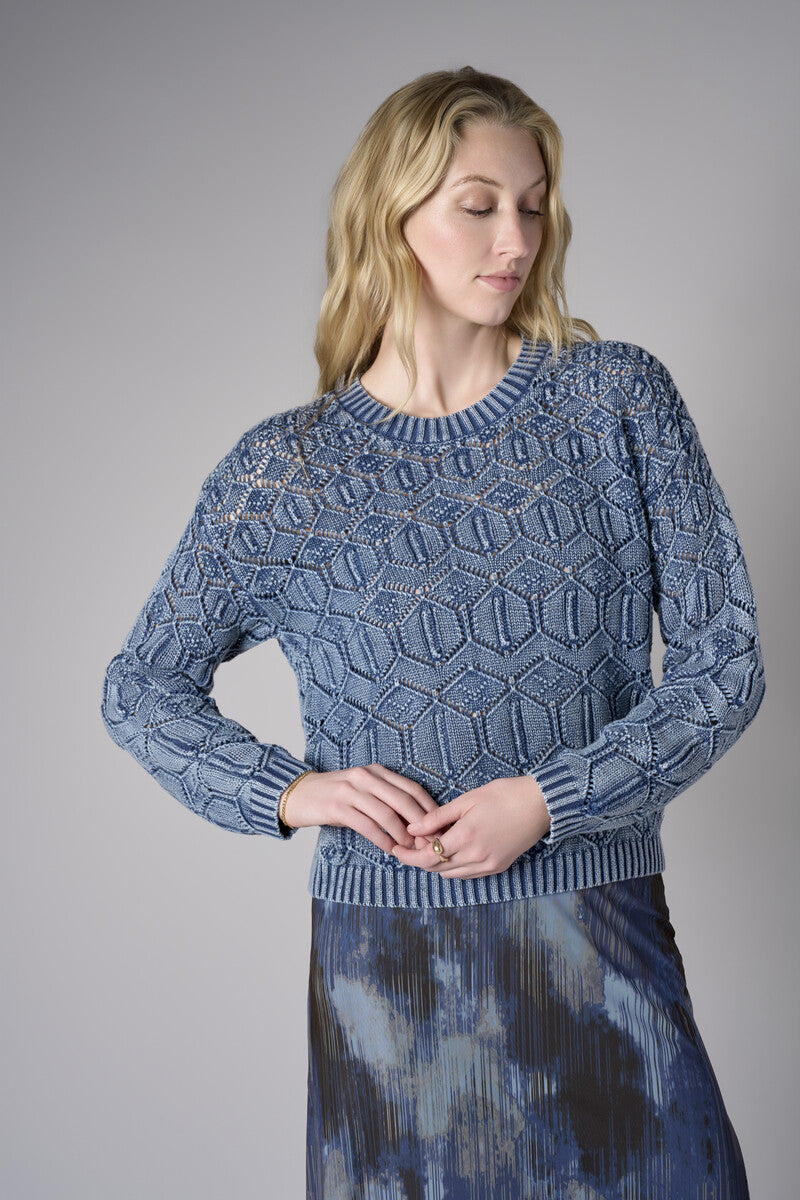 Showcase your personality with the Crew Neck Distressed Sweater in striking 'Indigo'.