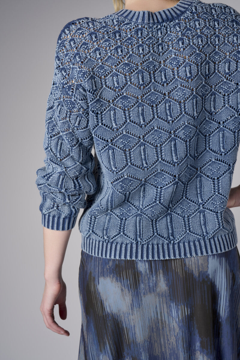 Showcase your personality with the Crew Neck Distressed Sweater in striking 'Indigo'.