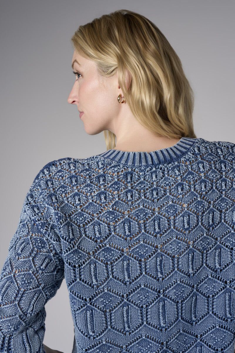 Showcase your personality with the Crew Neck Distressed Sweater in striking 'Indigo'.