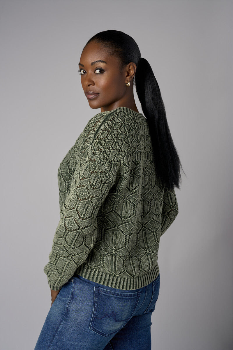 Fall in love with the distinctive &#39;Olive&#39; Crew Neck Distressed Sweater – a must-have for any wardrobe.