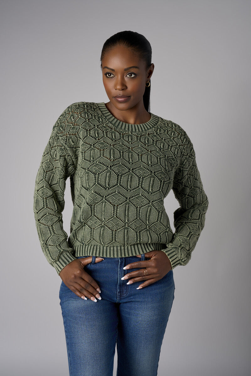 Fall in love with the distinctive &#39;Olive&#39; Crew Neck Distressed Sweater – a must-have for any wardrobe.