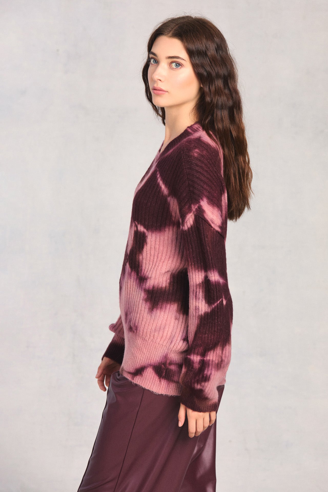 Plum Long Sleeve Tie-Dye Sweater