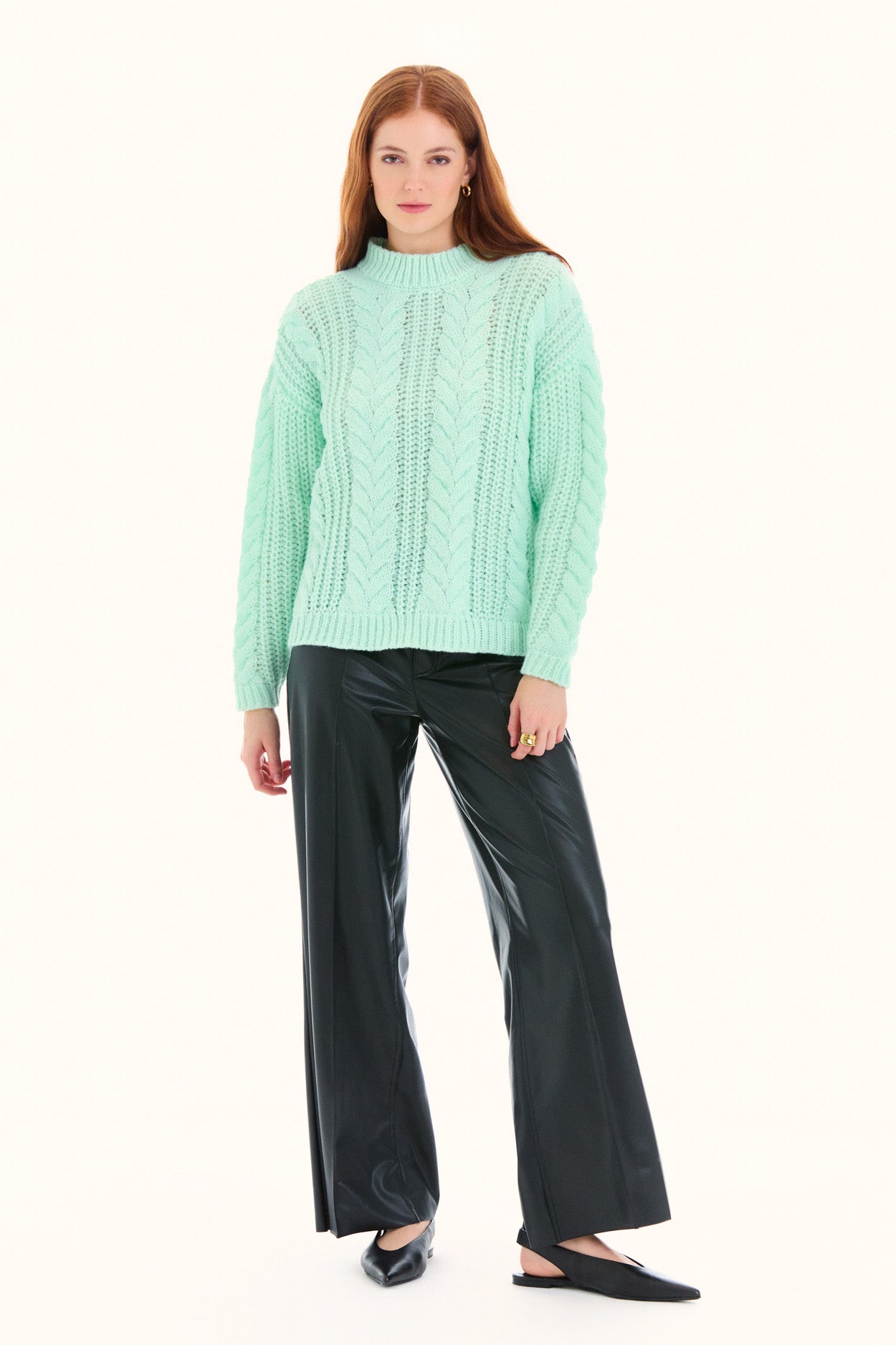 Mint Long Sleeve Cable Knit Sweater