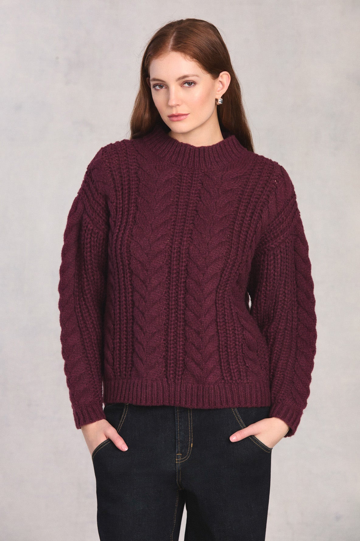 Plum Long Sleeve Cable Knit Sweater