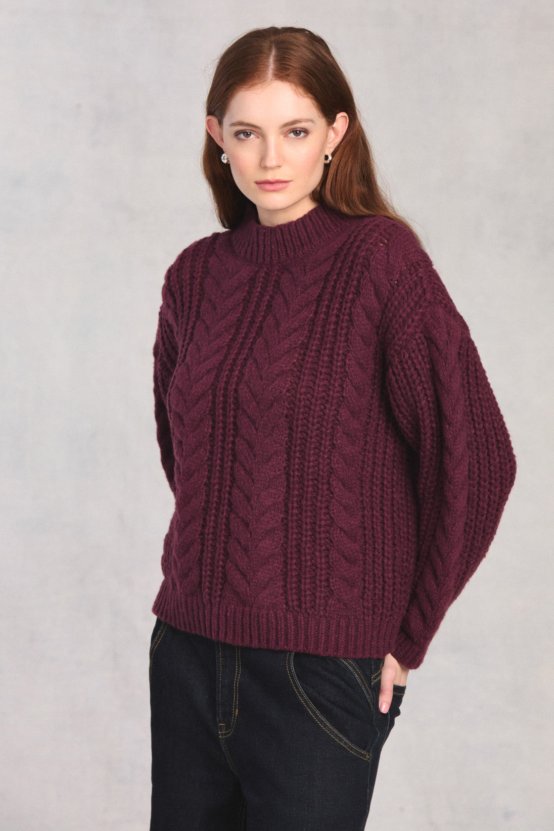 Plum Long Sleeve Cable Knit Sweater