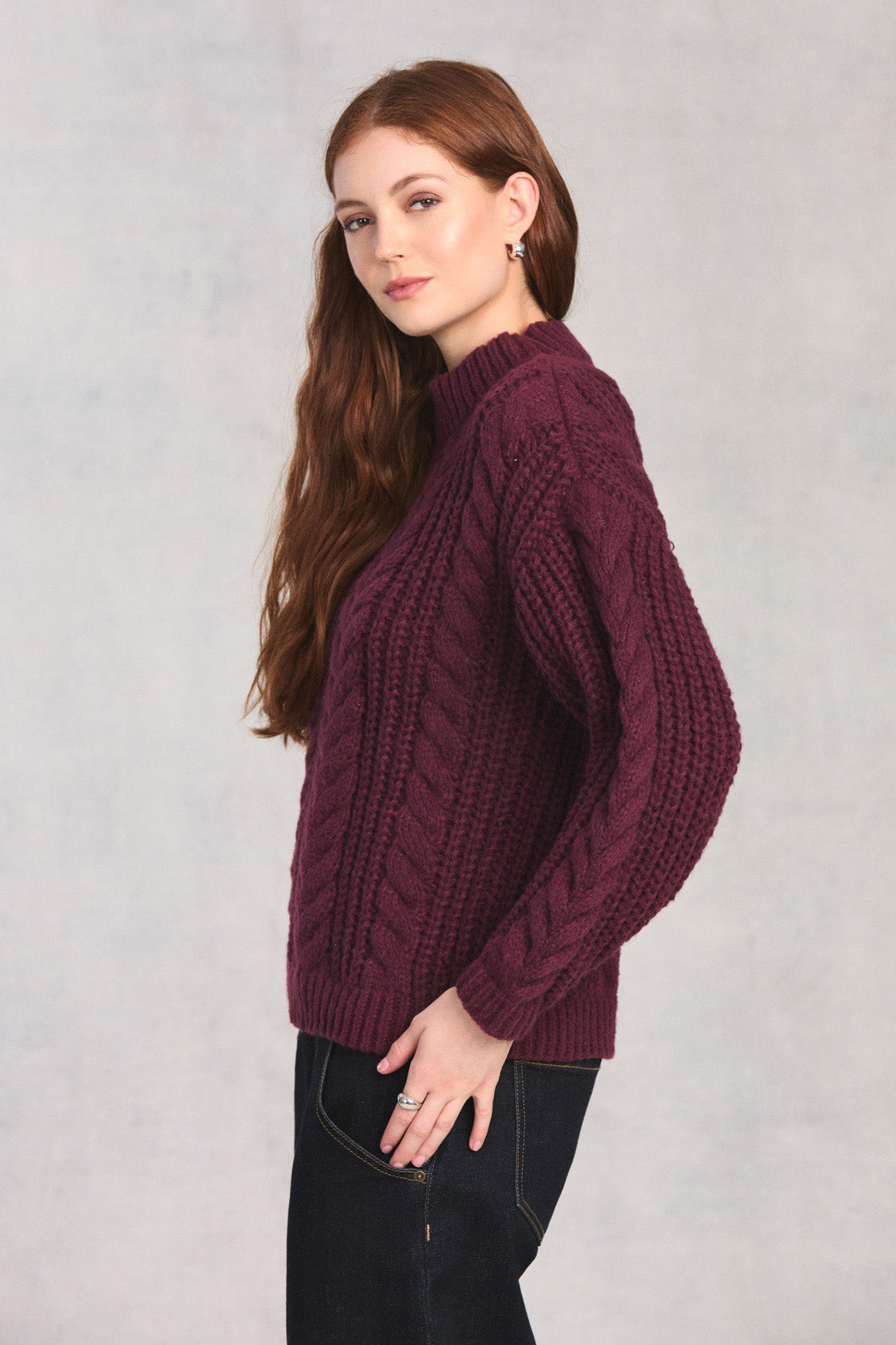 Plum Long Sleeve Cable Knit Sweater