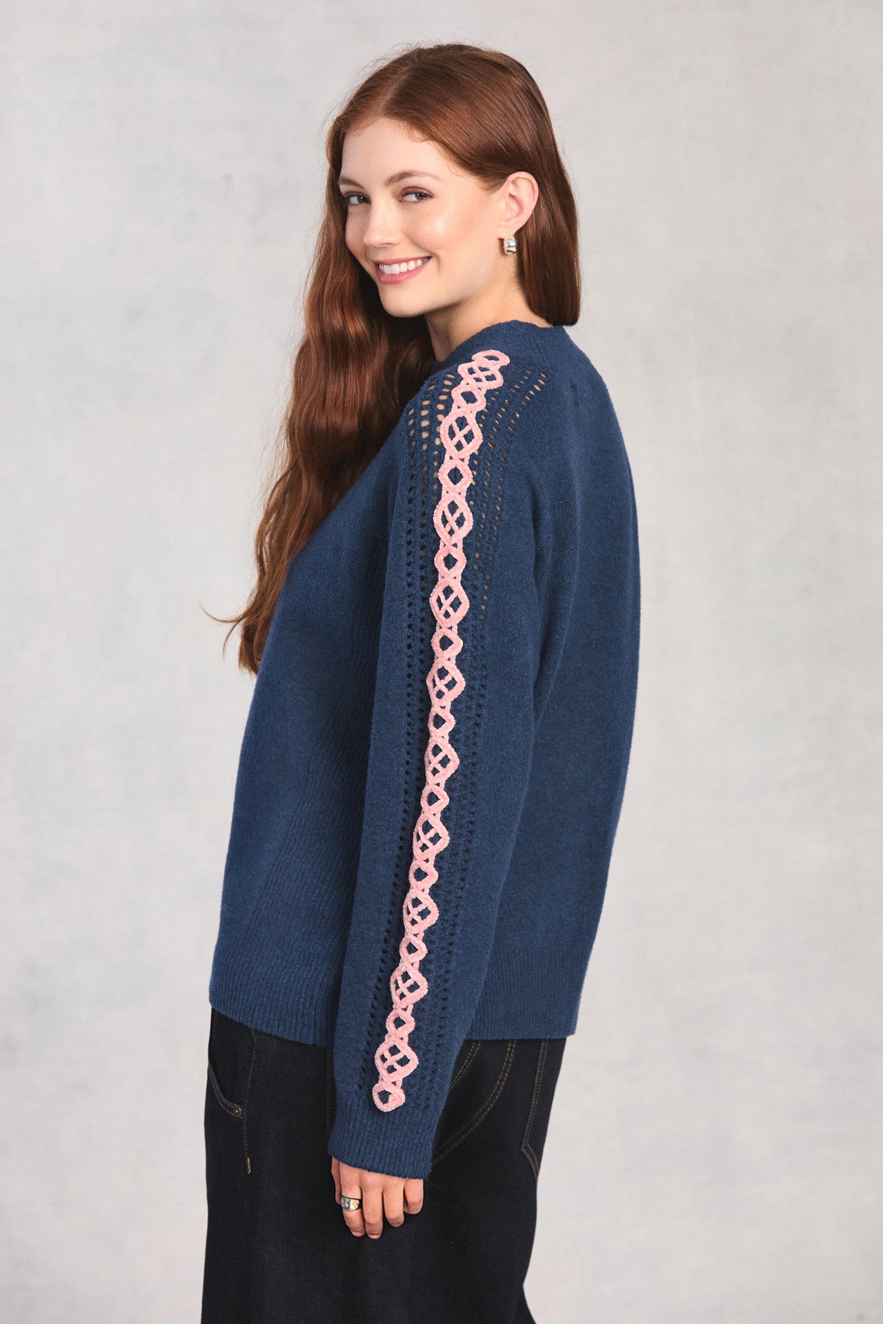 Cadet Blue Long Sleeve Embroidered Sweater
