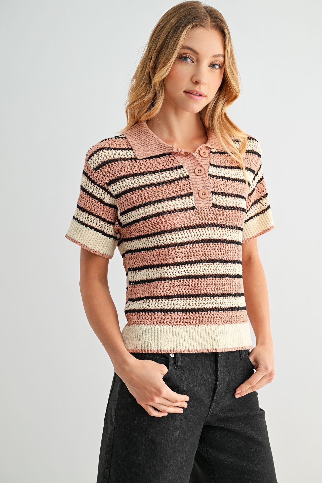 Conch Black Short Sleeve Crochet Polo