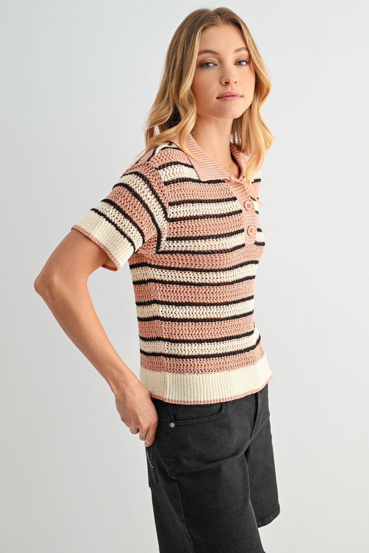 Conch Black Short Sleeve Crochet Polo