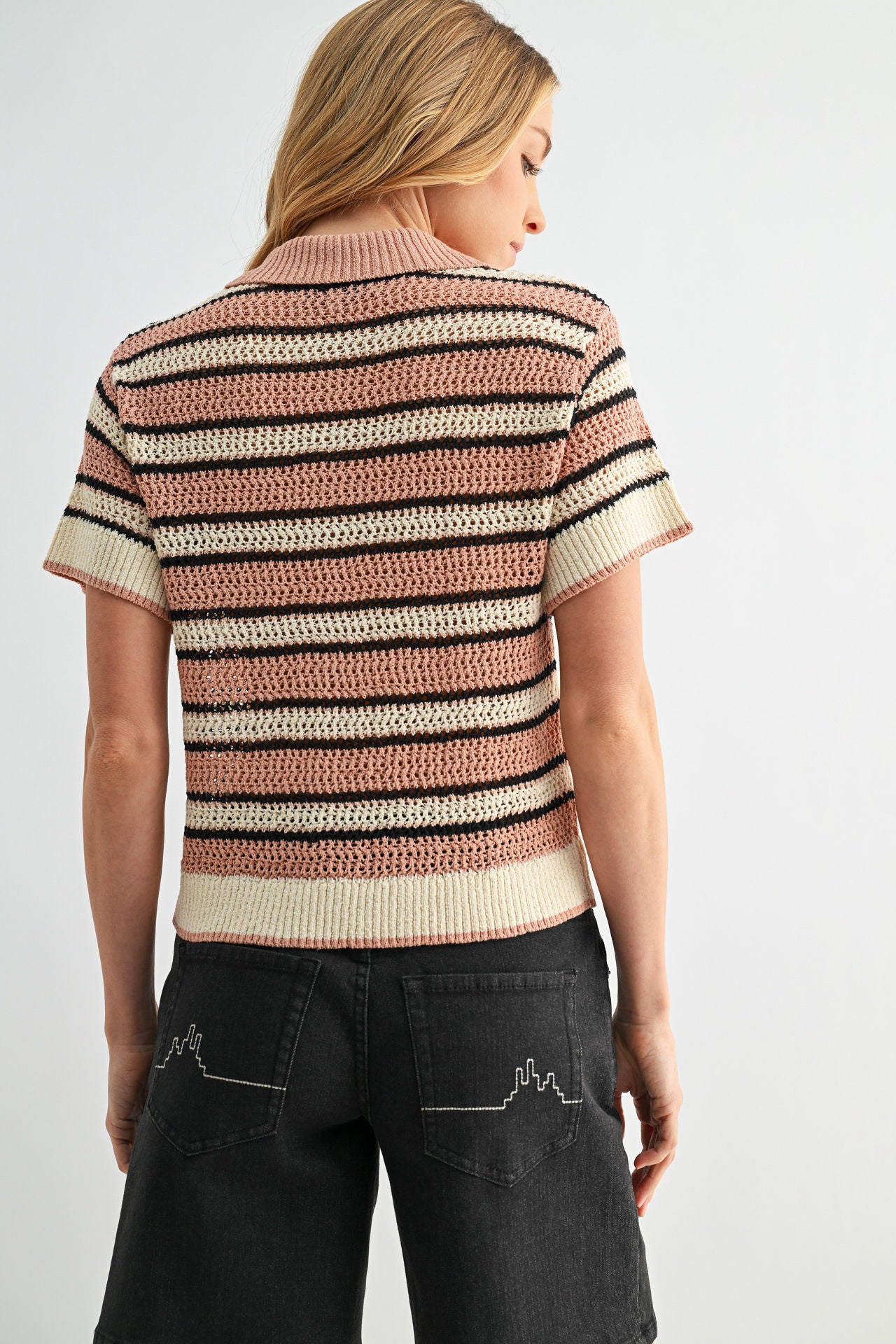 Conch Black Short Sleeve Crochet Polo