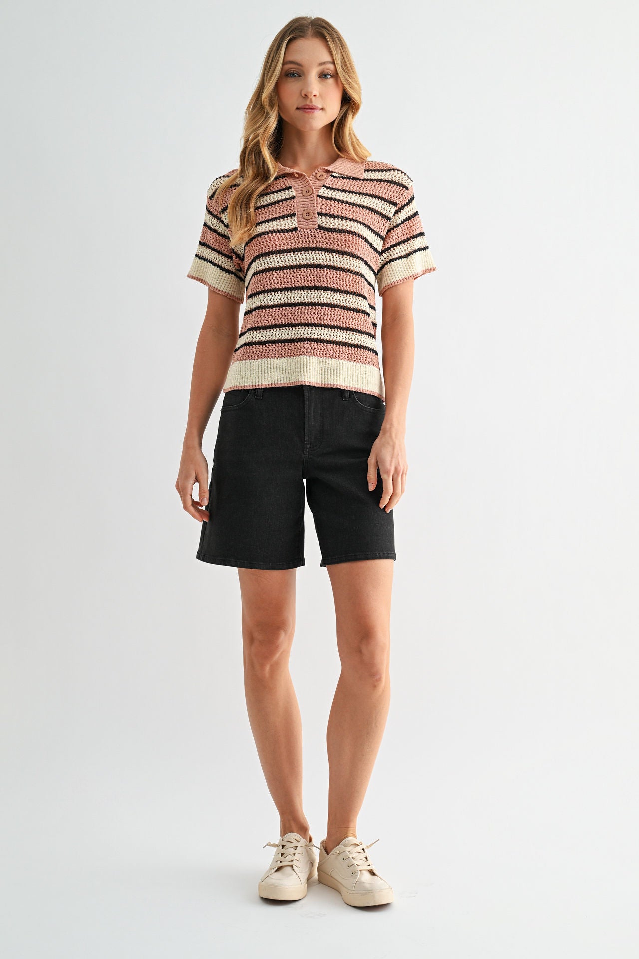 Conch Black Short Sleeve Crochet Polo