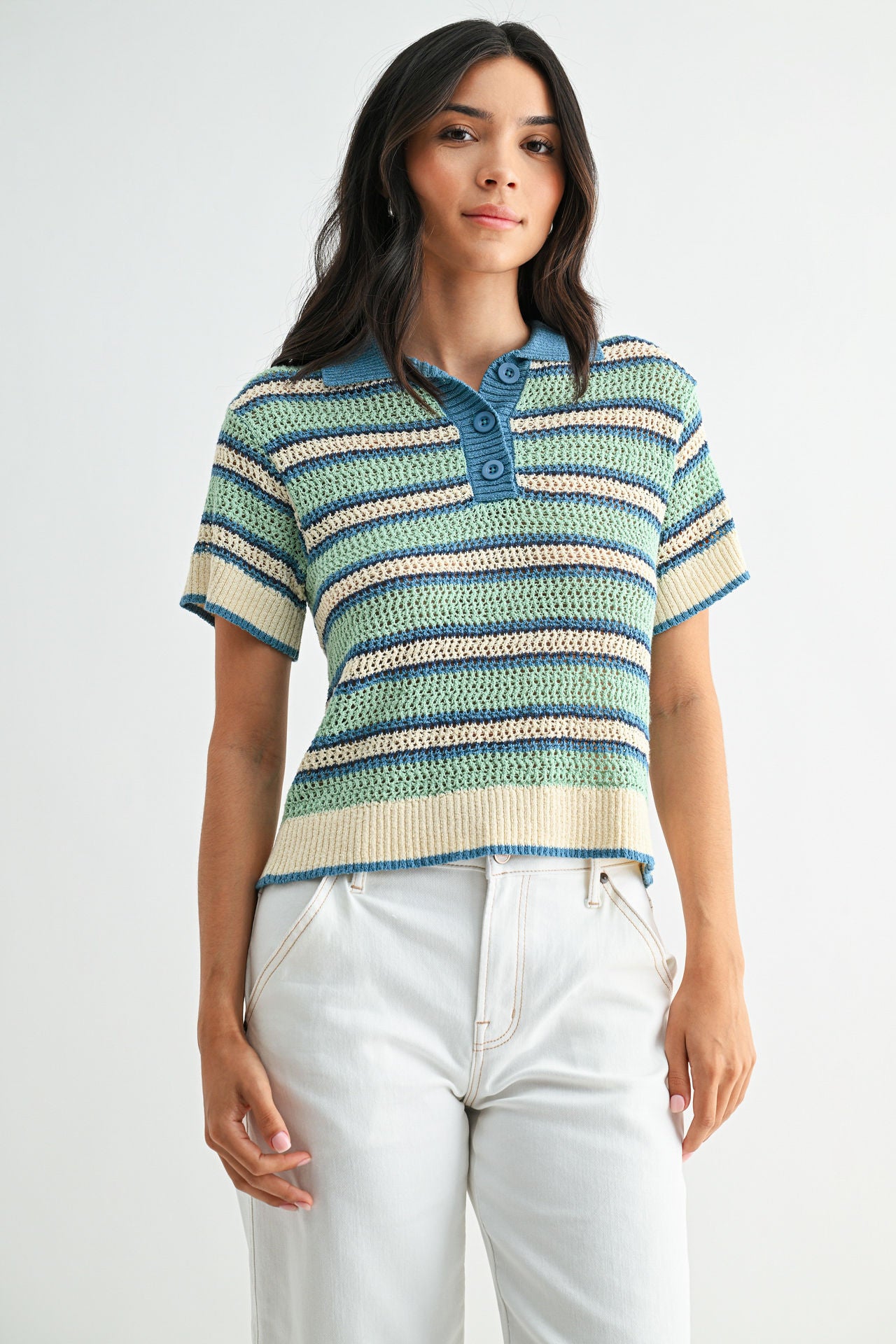 Sea Green Ocean Short Sleeve Crochet Polo