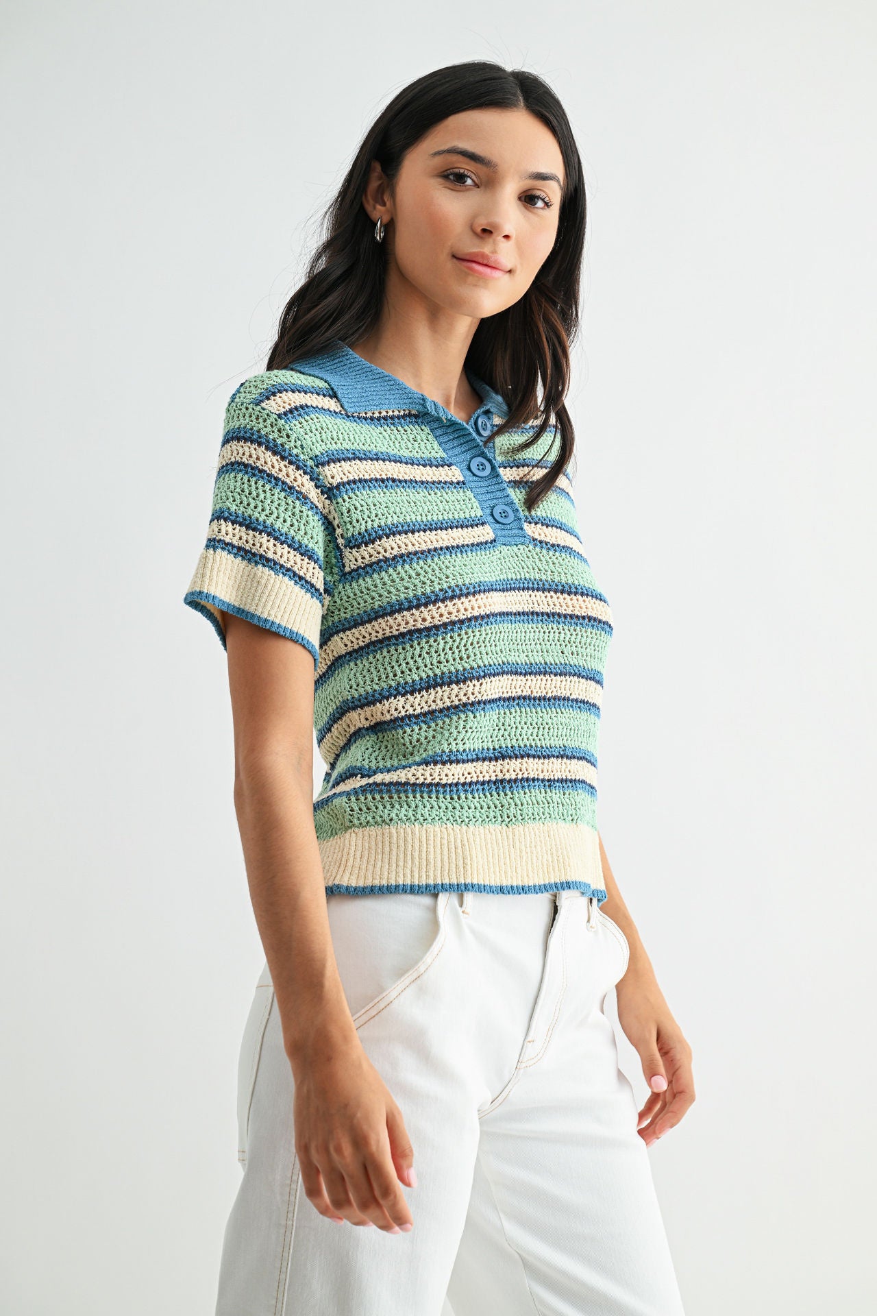 Sea Green Ocean Short Sleeve Crochet Polo