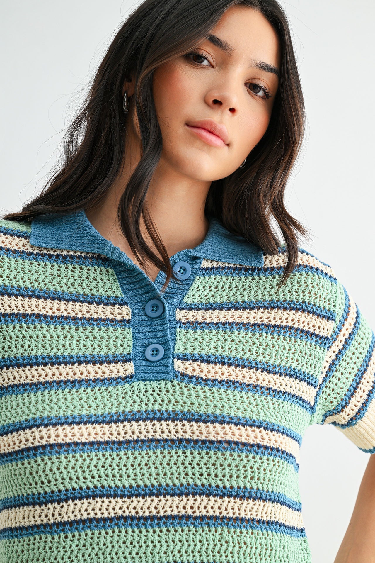 Sea Green Ocean Short Sleeve Crochet Polo