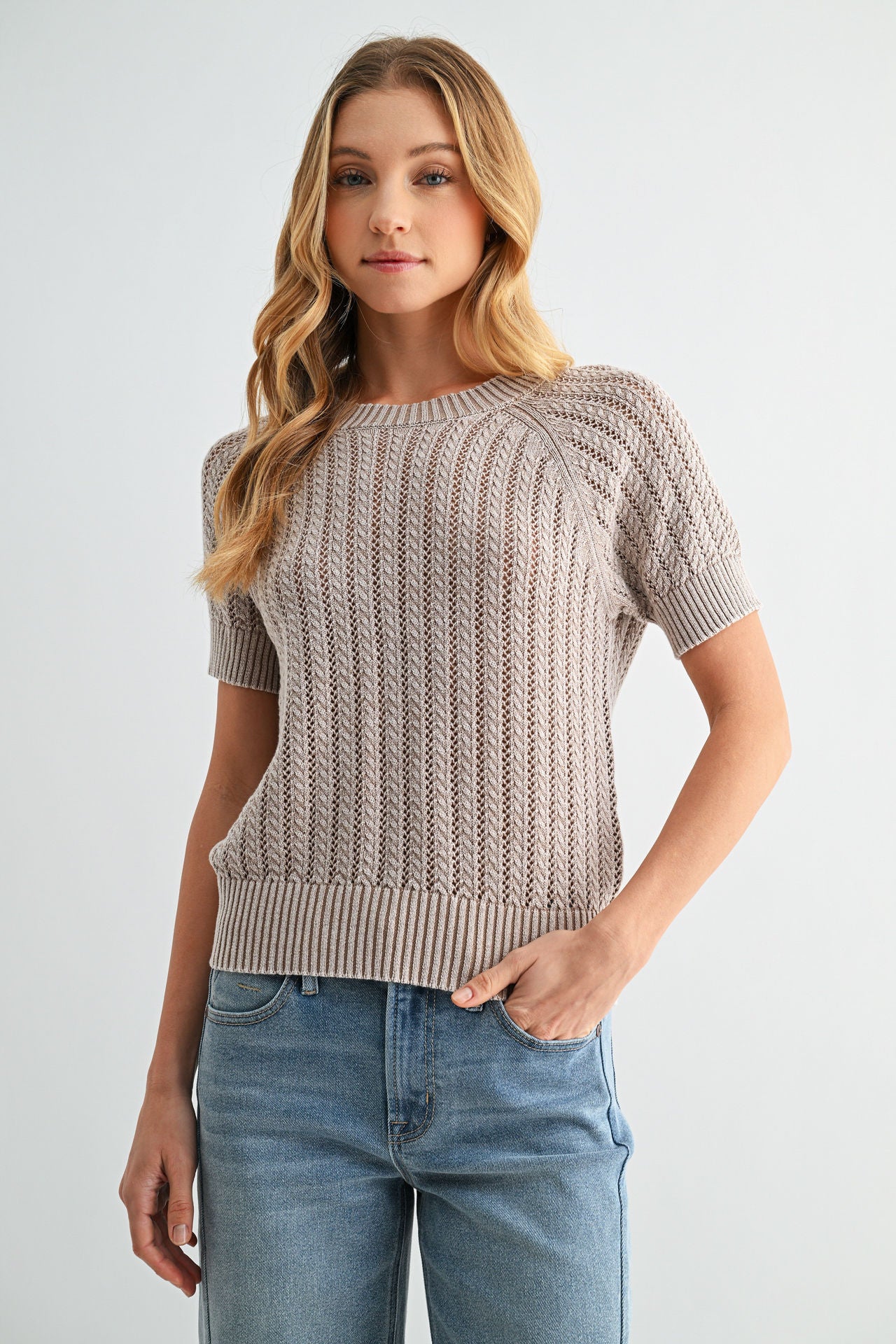 Latte Short Sleeve Acid Wash Crochet Top