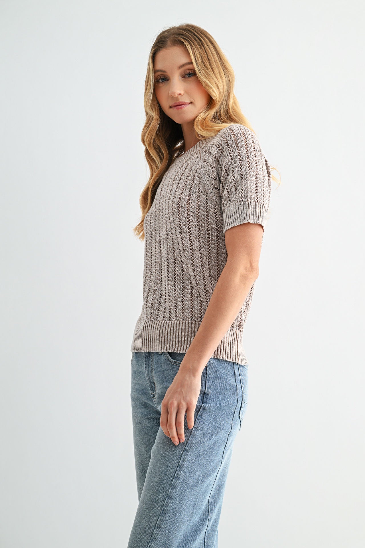 Latte Short Sleeve Acid Wash Crochet Top