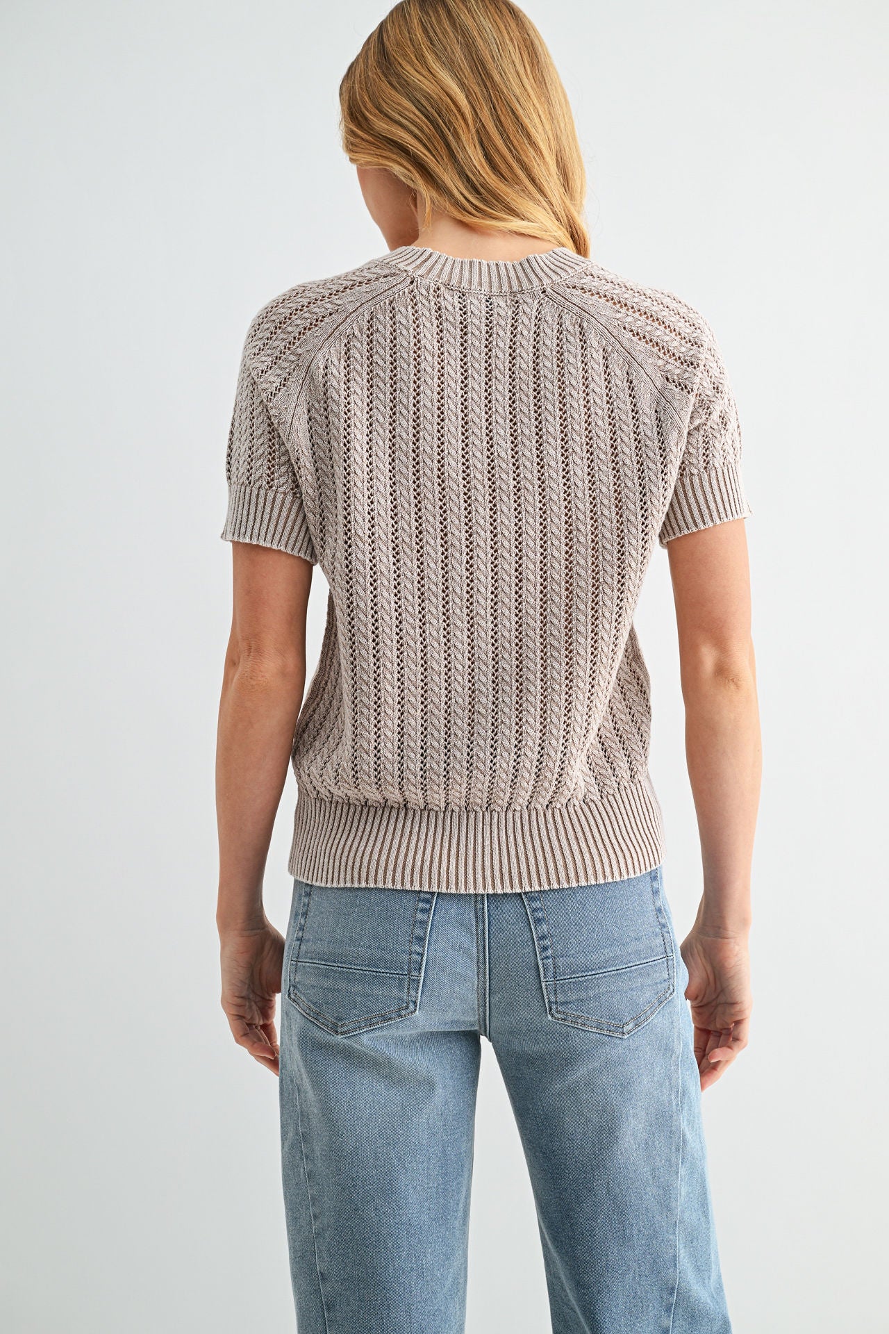 Latte Short Sleeve Acid Wash Crochet Top