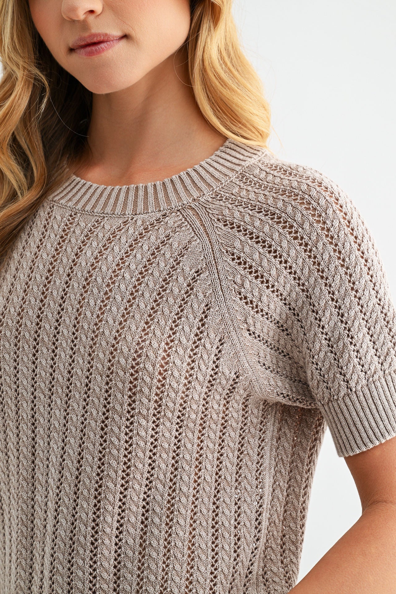 Latte Short Sleeve Acid Wash Crochet Top