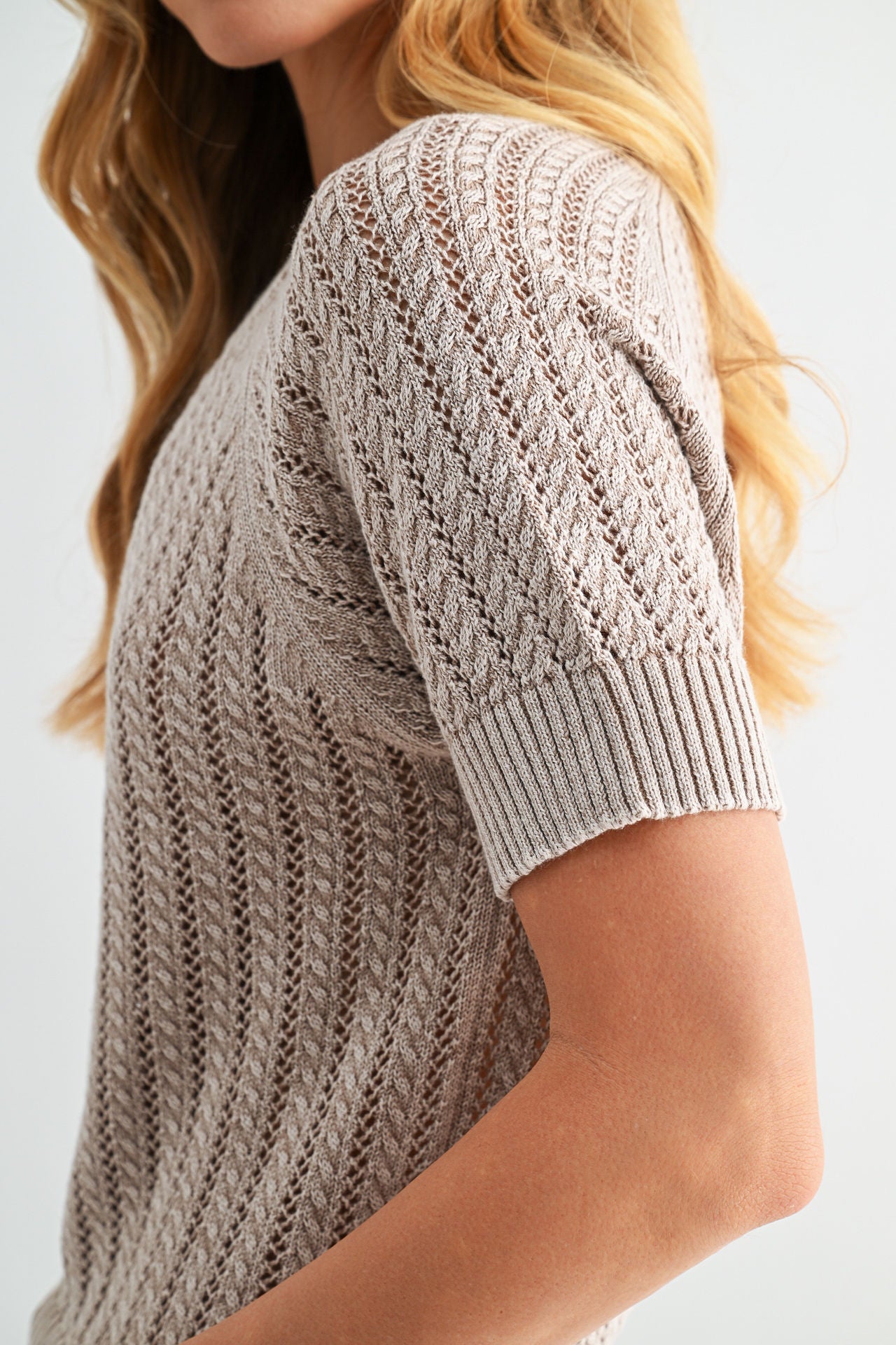 Latte Short Sleeve Acid Wash Crochet Top