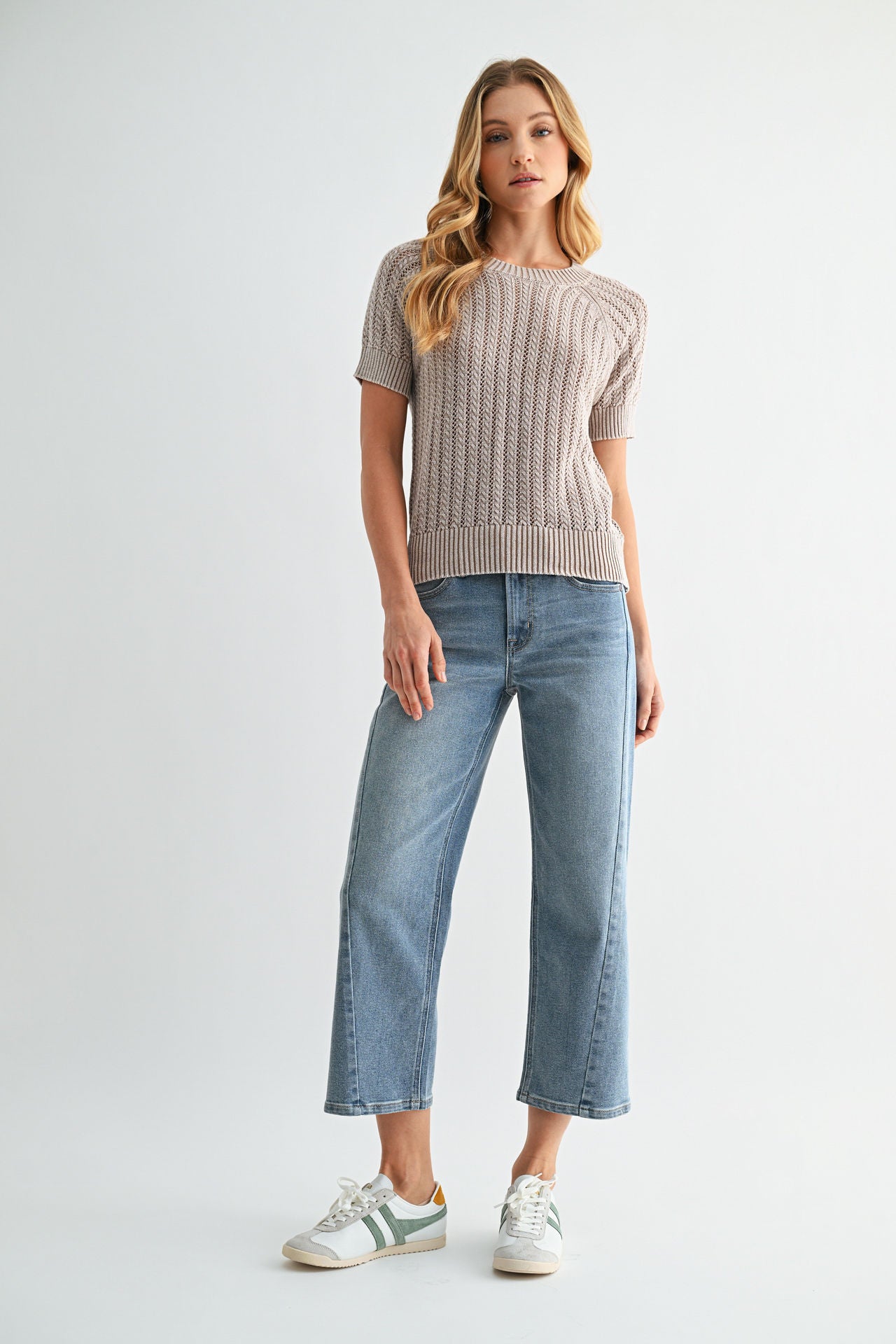 Latte Short Sleeve Acid Wash Crochet Top