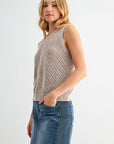 Sleeveless Acid Wash Crochet Top Latte 