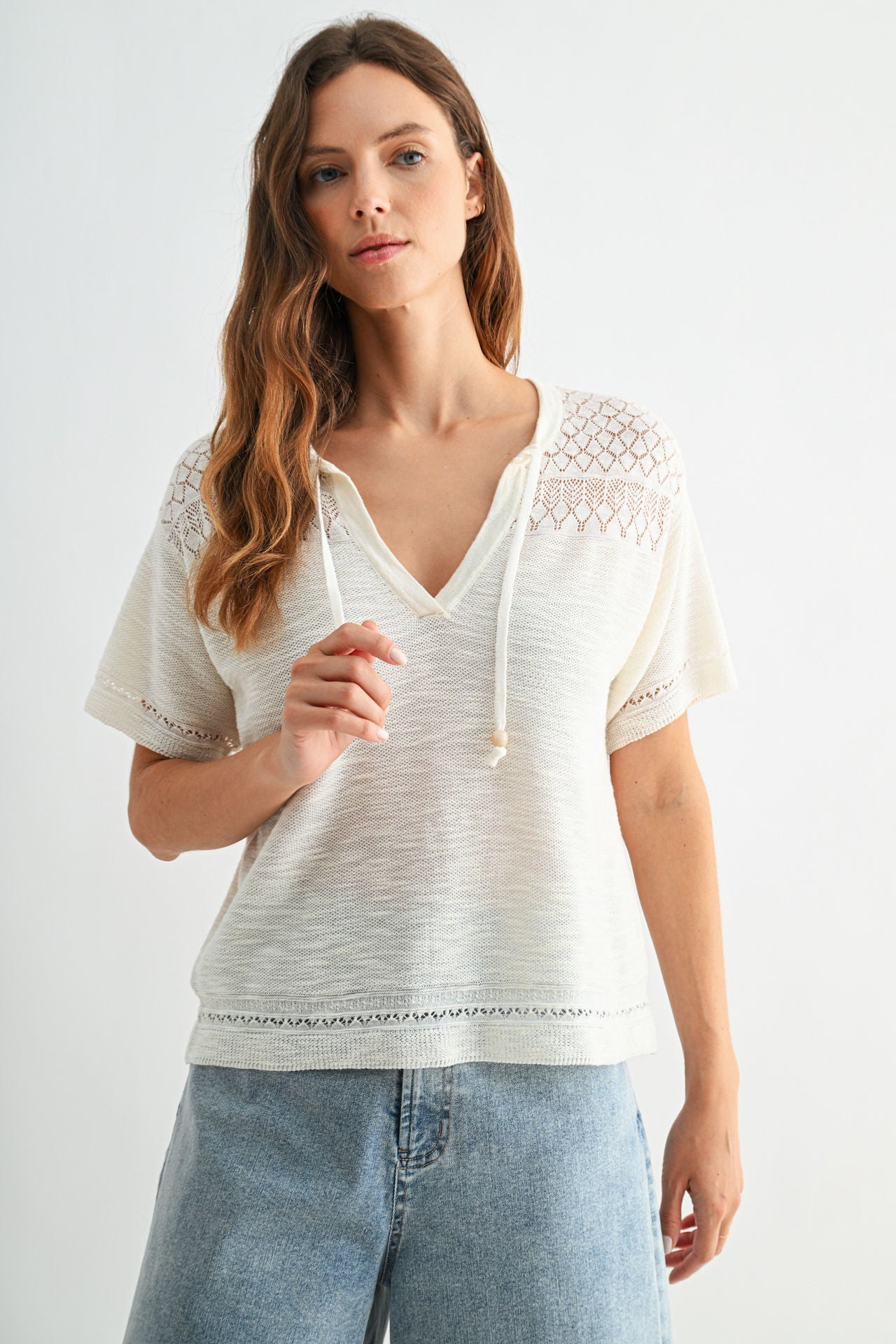Gardenia Tie Neck Pointelle Top