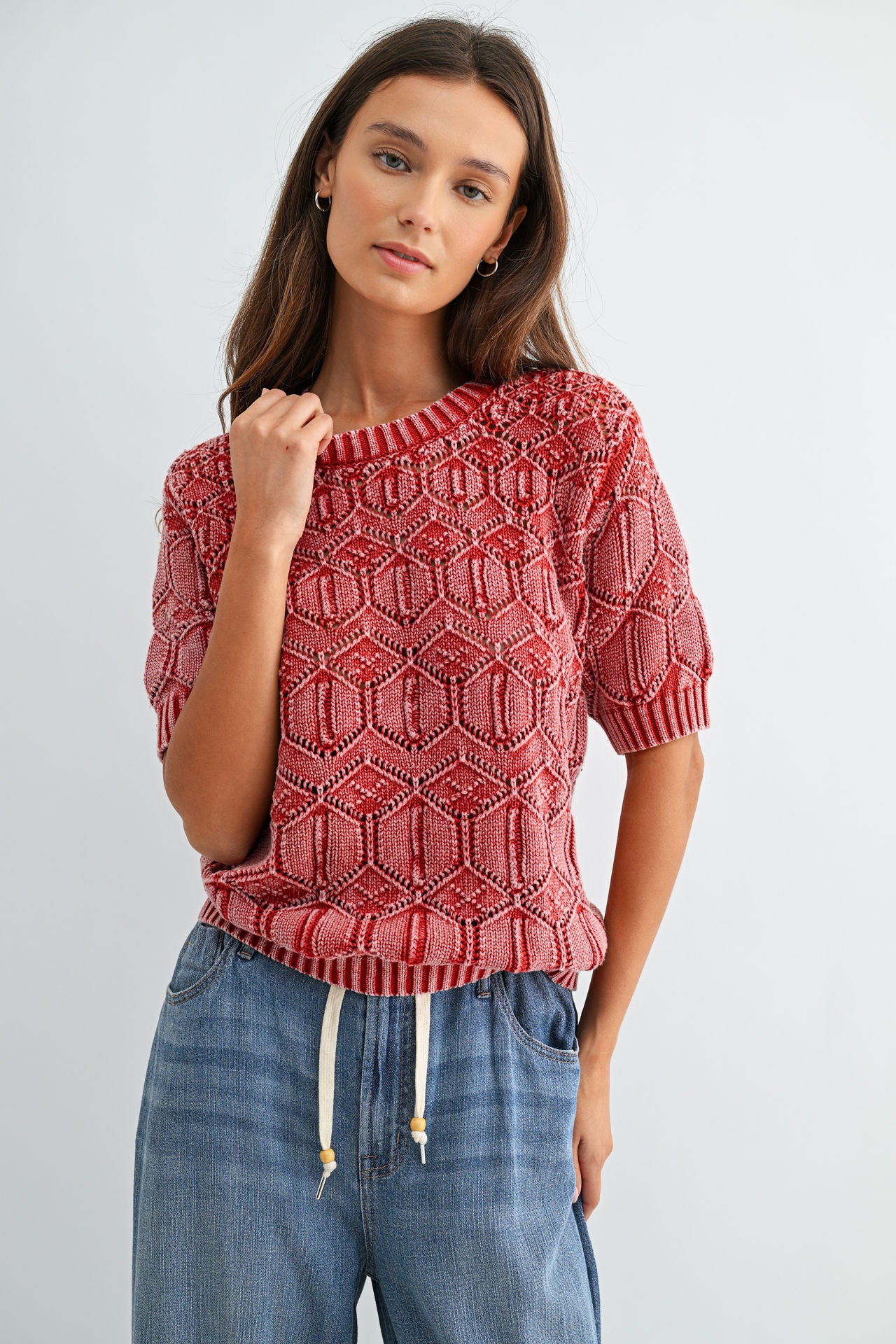 Brick Short Sleeve Distressed Sweater