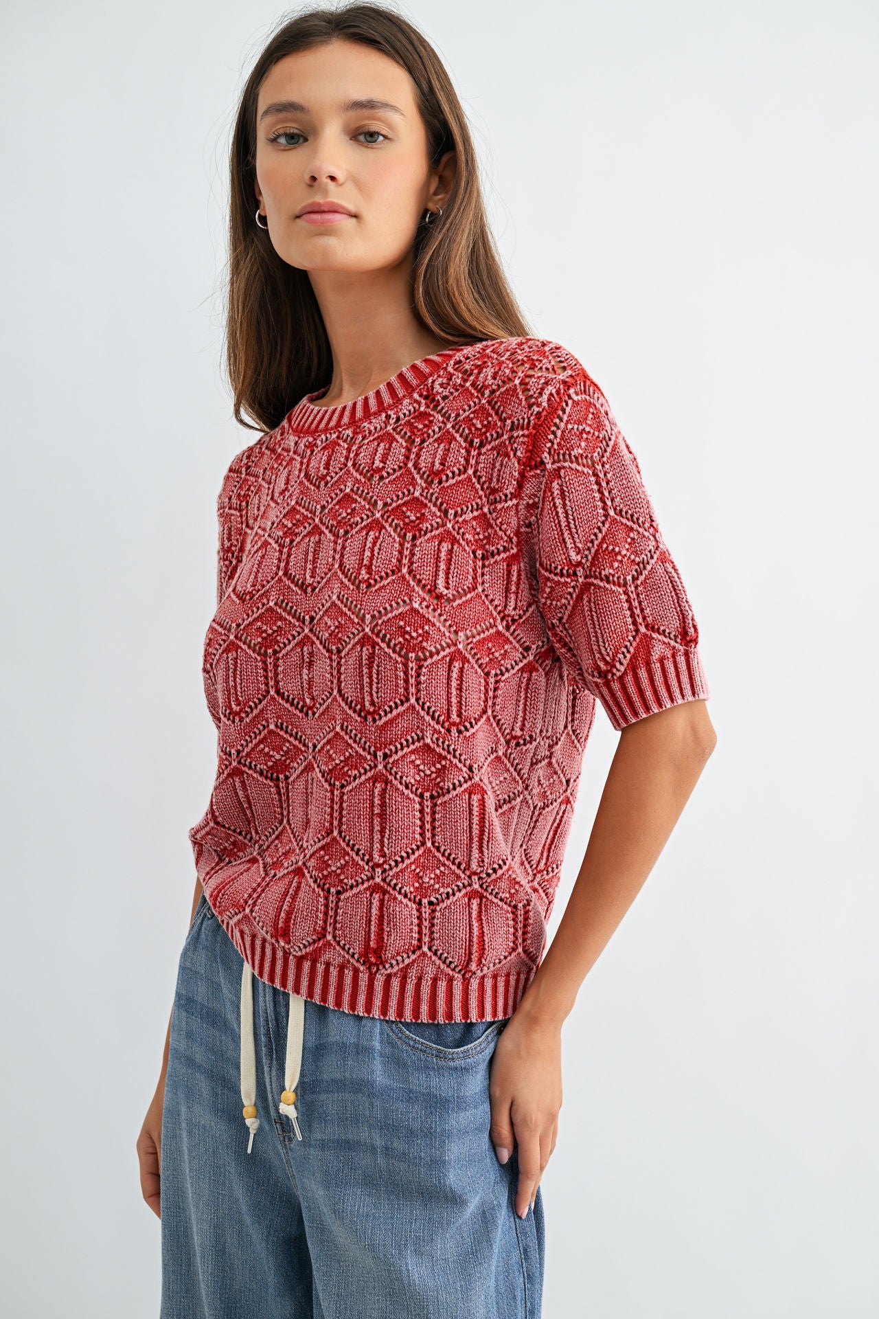 Brick Short Sleeve Distressed Sweater