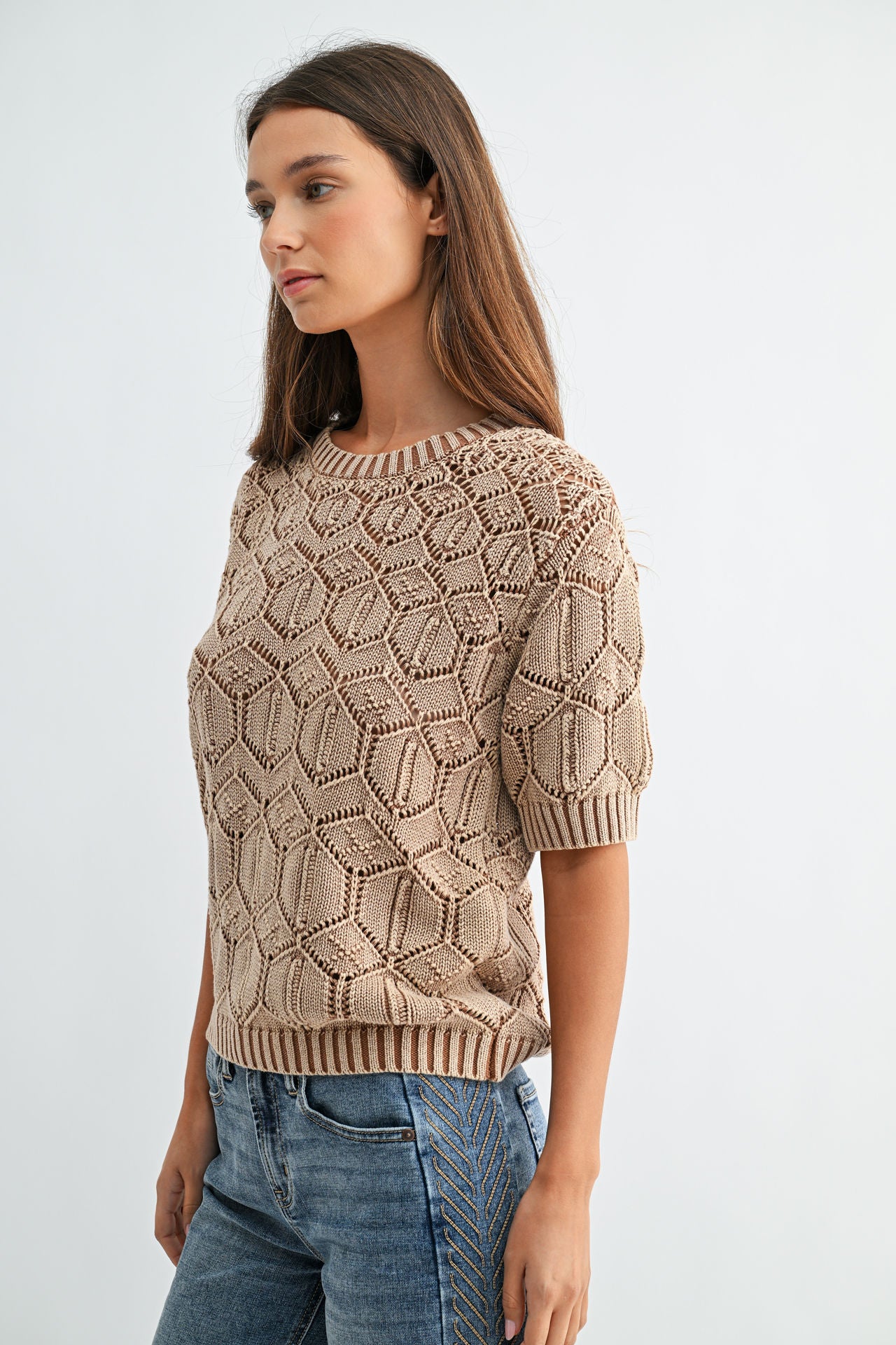 Burlap Short Sleeve Distressed Sweater