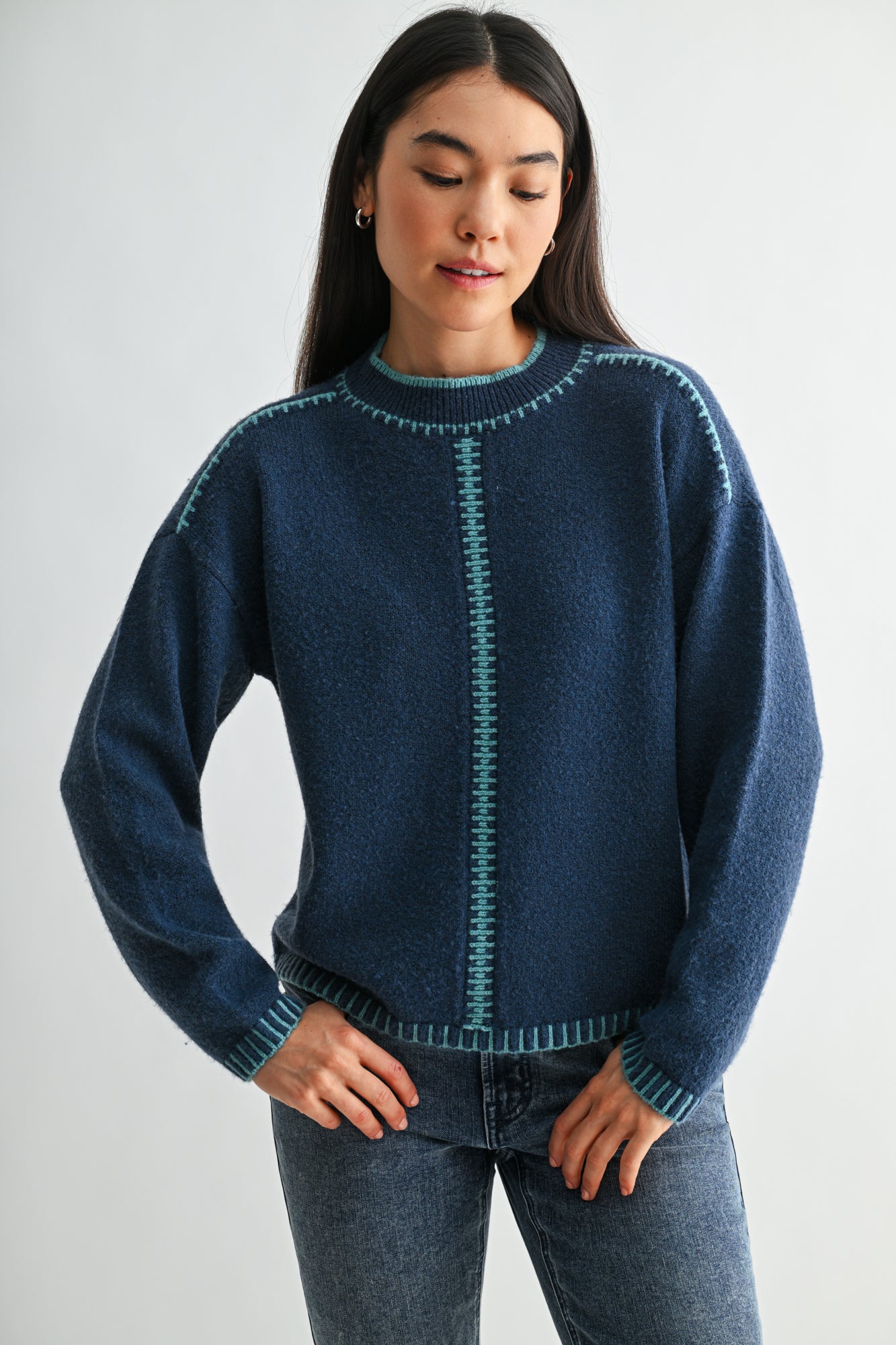 Cadet Blue Long Sleeve Blanket Stitch Sweater
