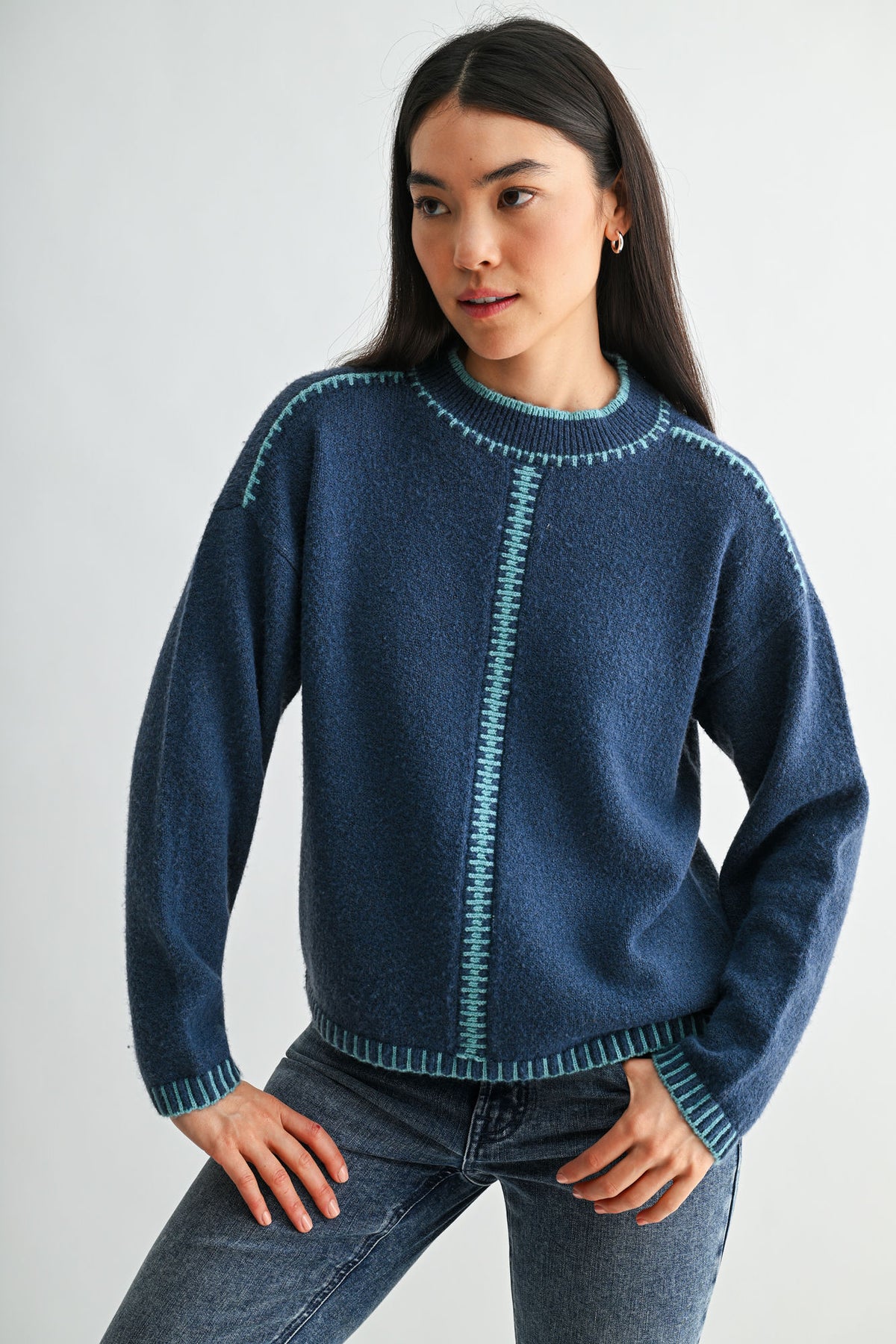 Cadet Blue Long Sleeve Blanket Stitch Sweater