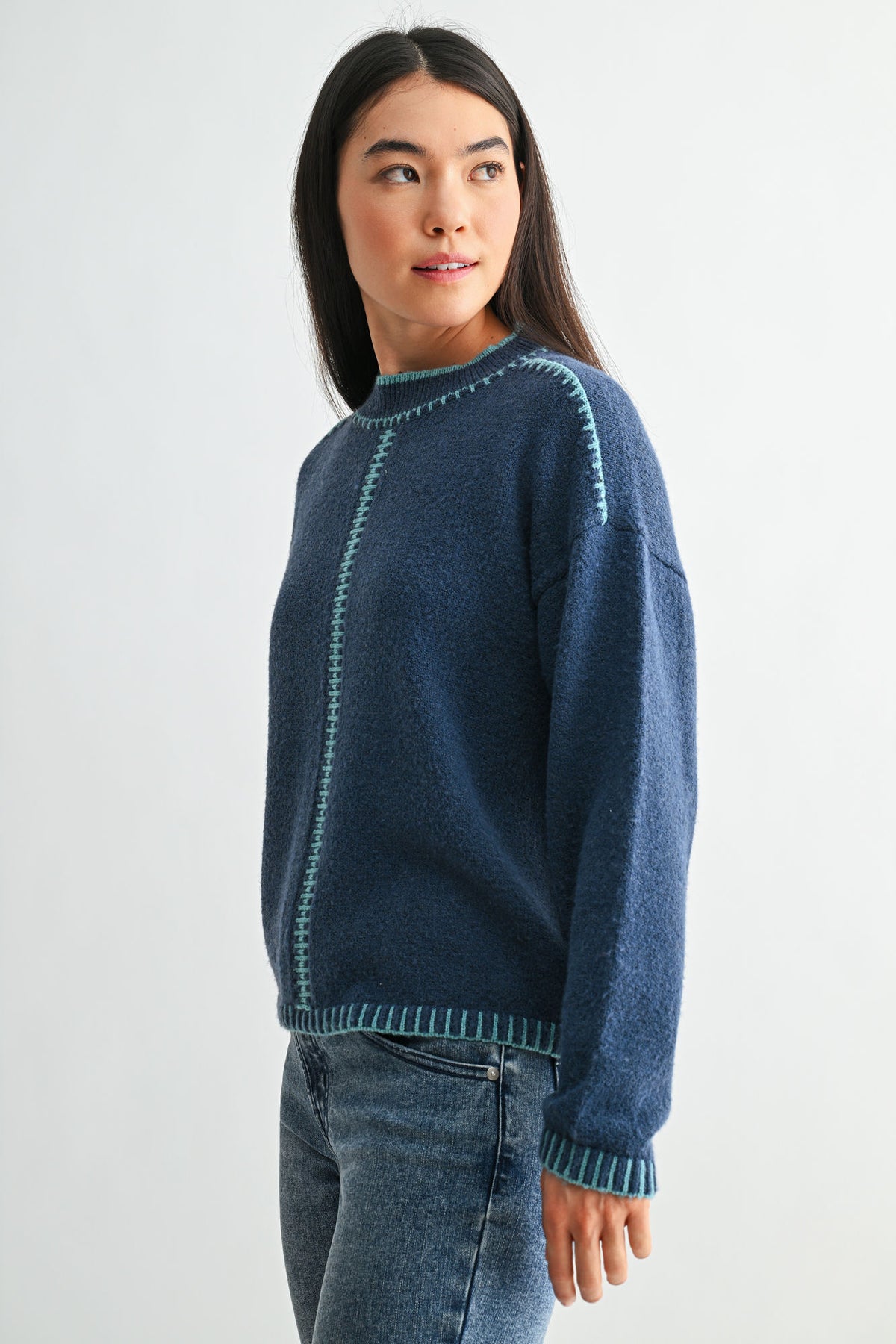 Cadet Blue Long Sleeve Blanket Stitch Sweater