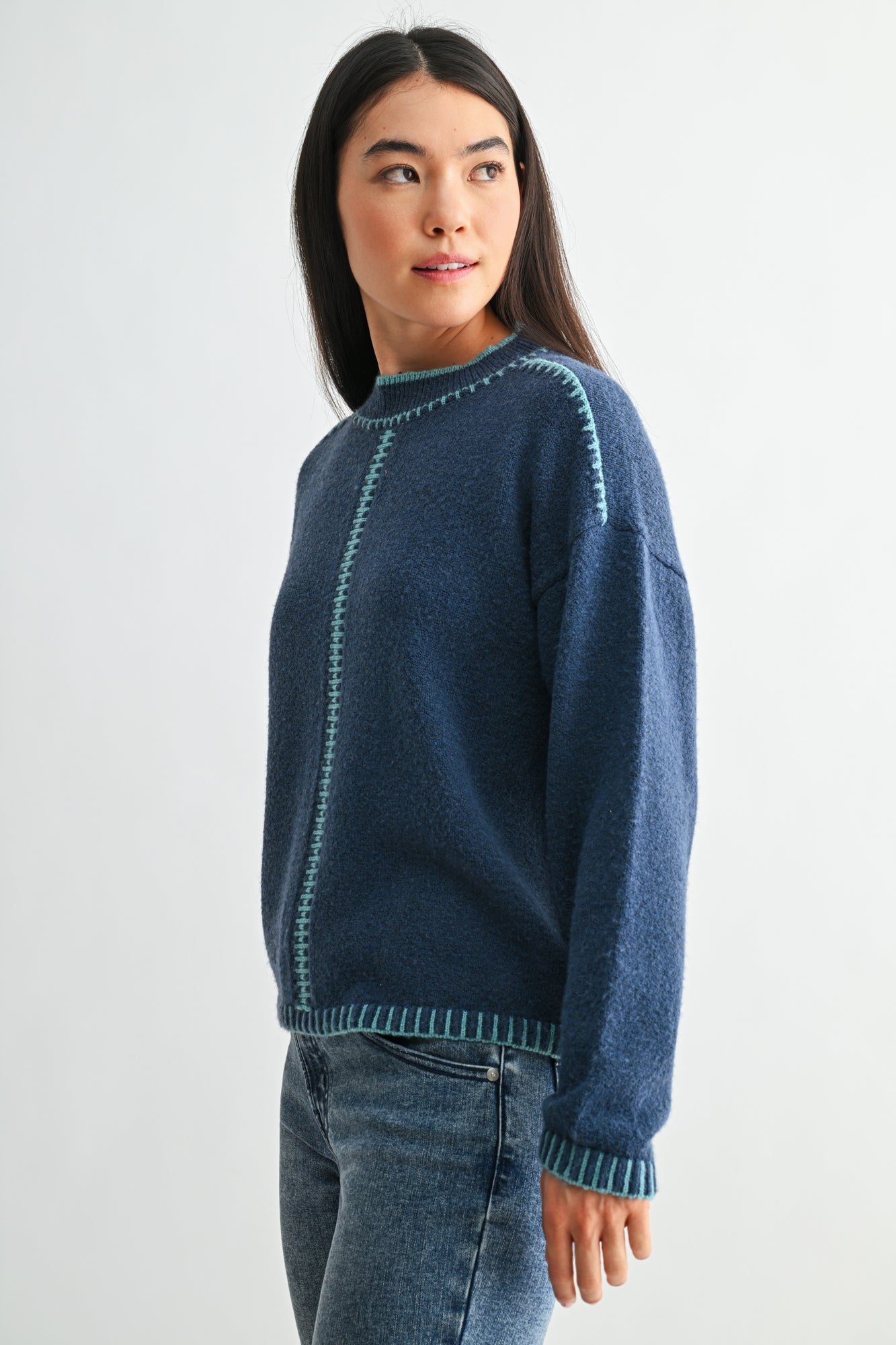 Cadet Blue Long Sleeve Blanket Stitch Sweater