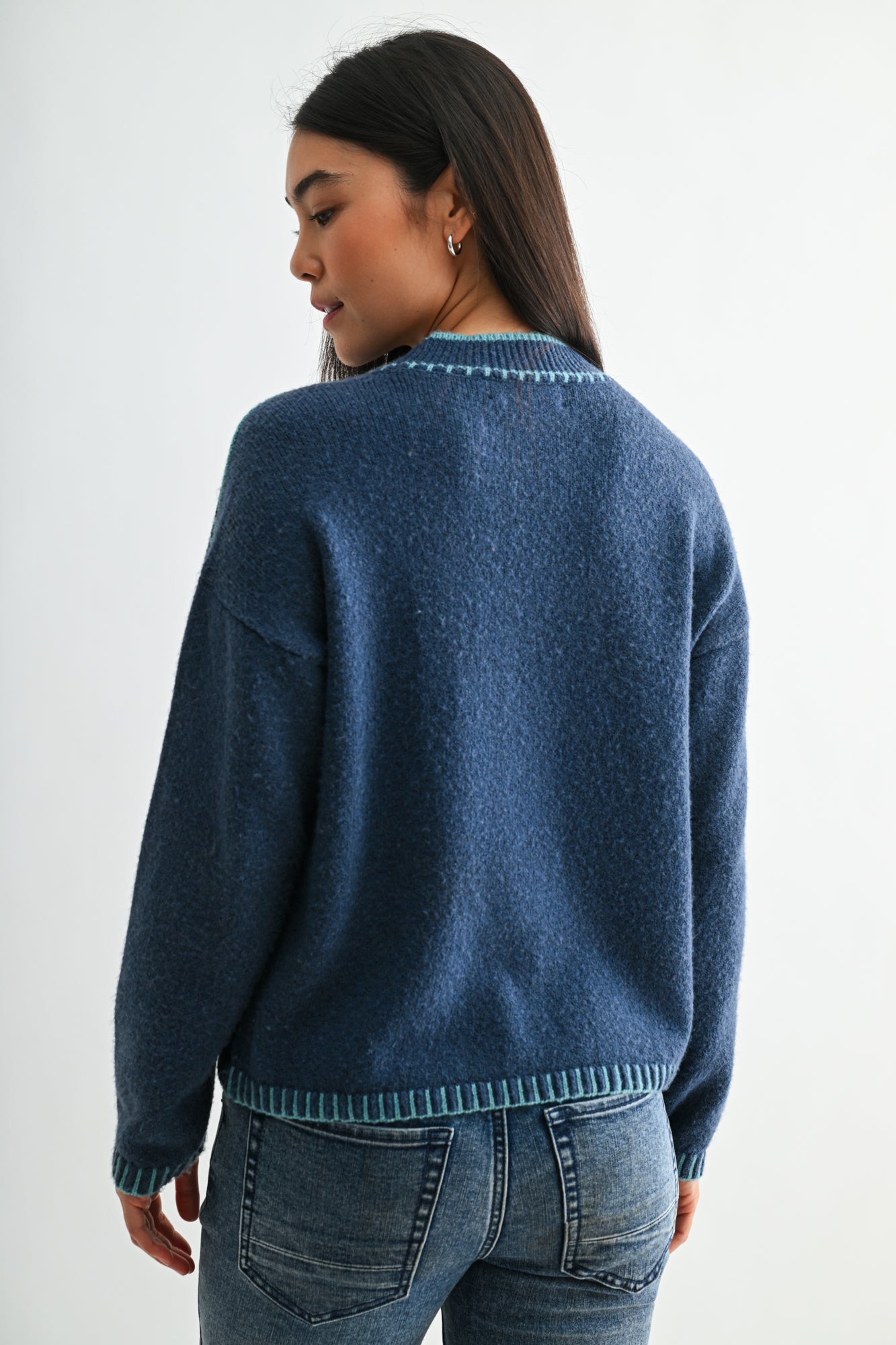 Cadet Blue Long Sleeve Blanket Stitch Sweater