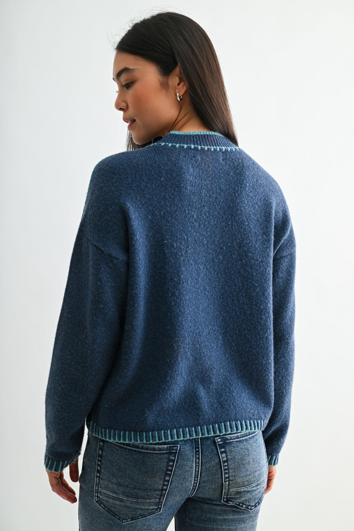 Cadet Blue Long Sleeve Blanket Stitch Sweater