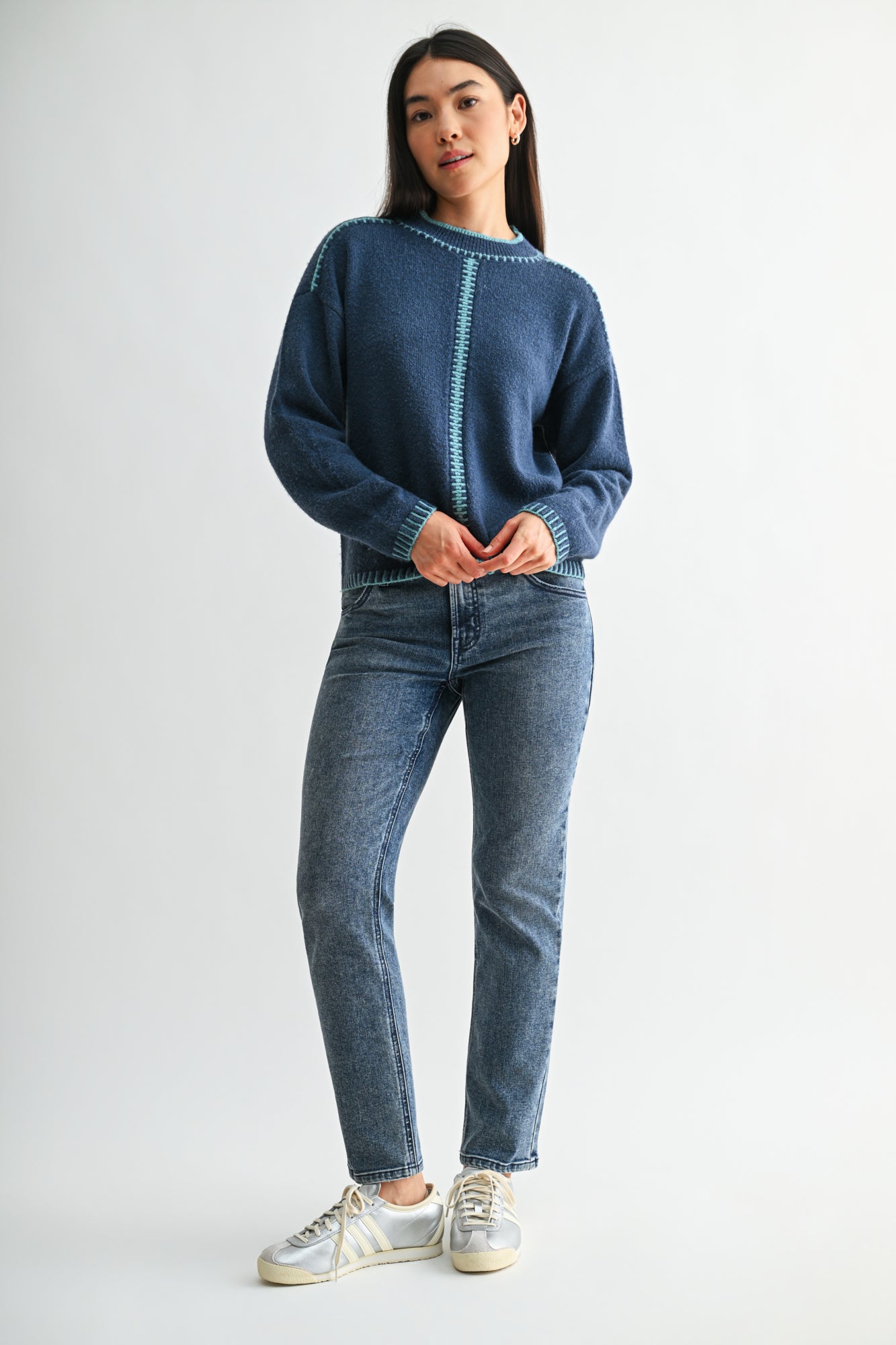 Cadet Blue Long Sleeve Blanket Stitch Sweater