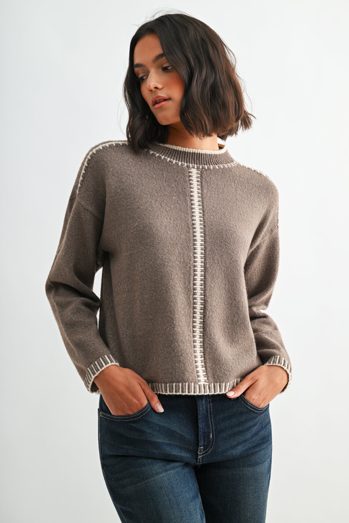 Mushroom Long Sleeve Blanket Stitch Sweater