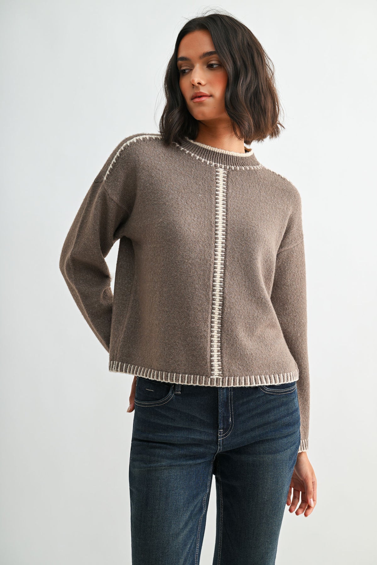 Mushroom Long Sleeve Blanket Stitch Sweater