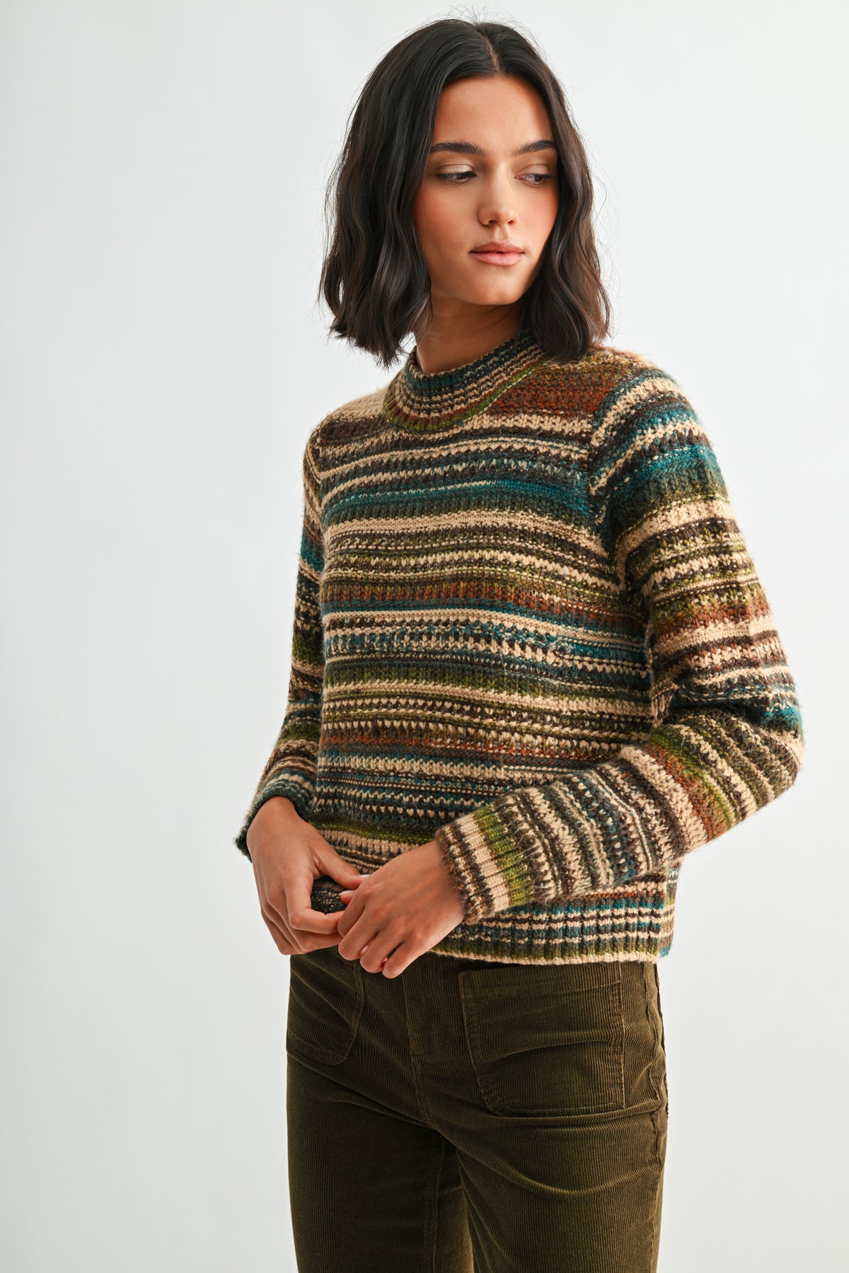 Brown Multi Stripe Long Sleeve Striped Sweater