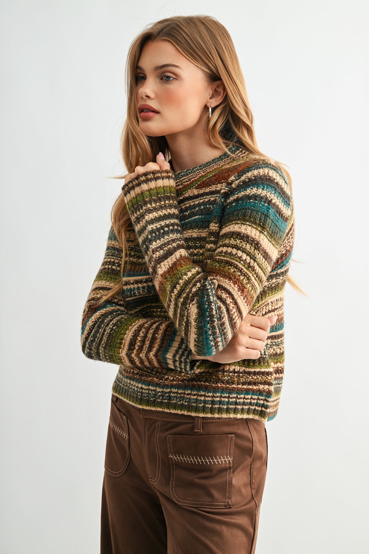 Brown Multi Stripes Plus- Size Long Sleeve Striped Sweater